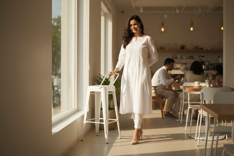 White cotton A-line kurta with chikankari embroidery