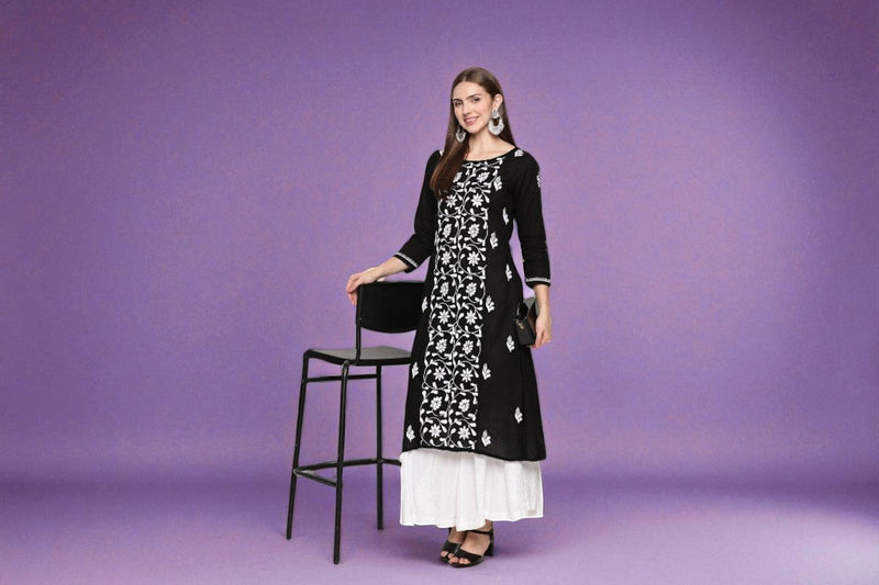 black cotton hand embroidered chikankari aline kurta for women