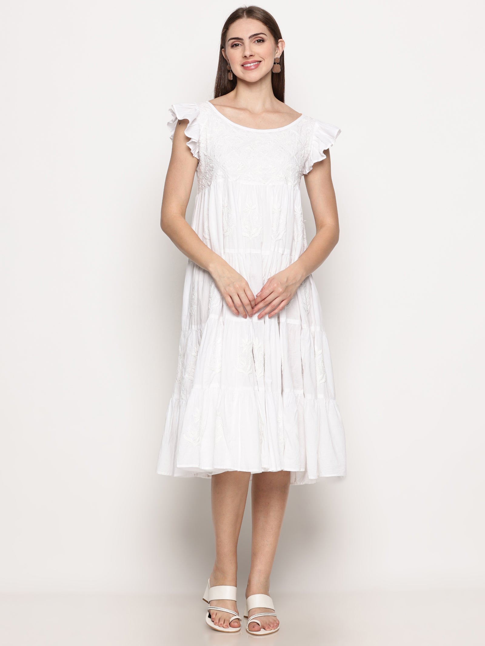 Women's White Cotton Hand Embroidered Chikankari Dress | Boat Neck, Sleeveless Frill, 44 Inches Long