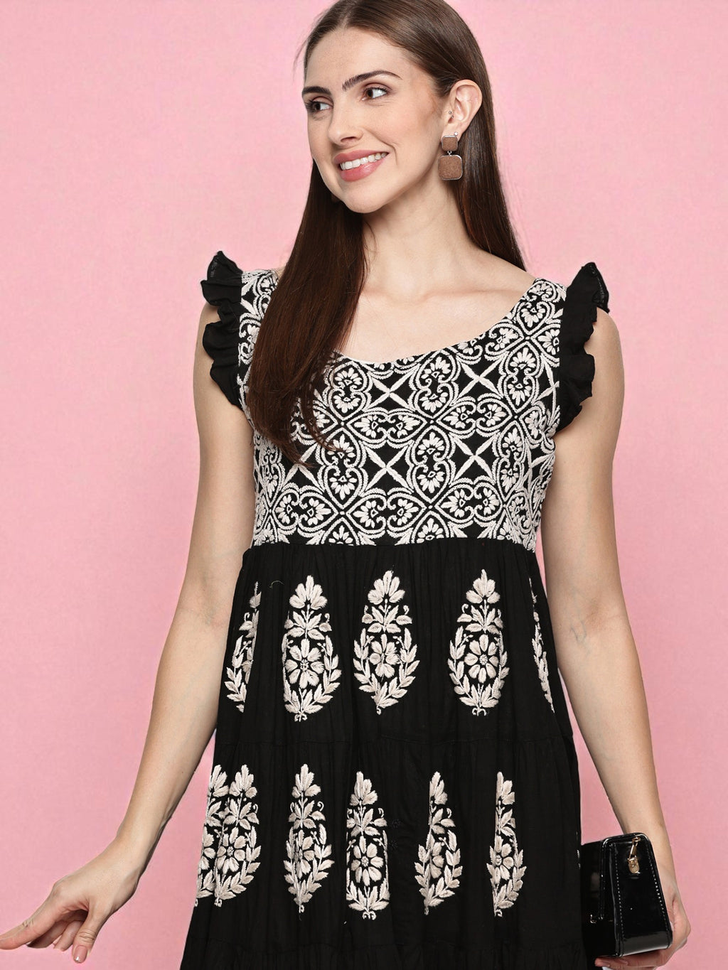 Women's Black Cotton Hand Embroidered Chikankari Dress | Boat Neck, Sleeveless Frill, 44 Inches Long