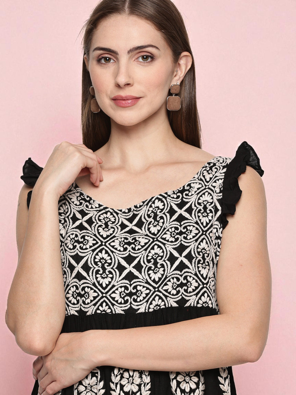 Women's Black Cotton Hand Embroidered Chikankari Dress | Boat Neck, Sleeveless Frill, 44 Inches Long