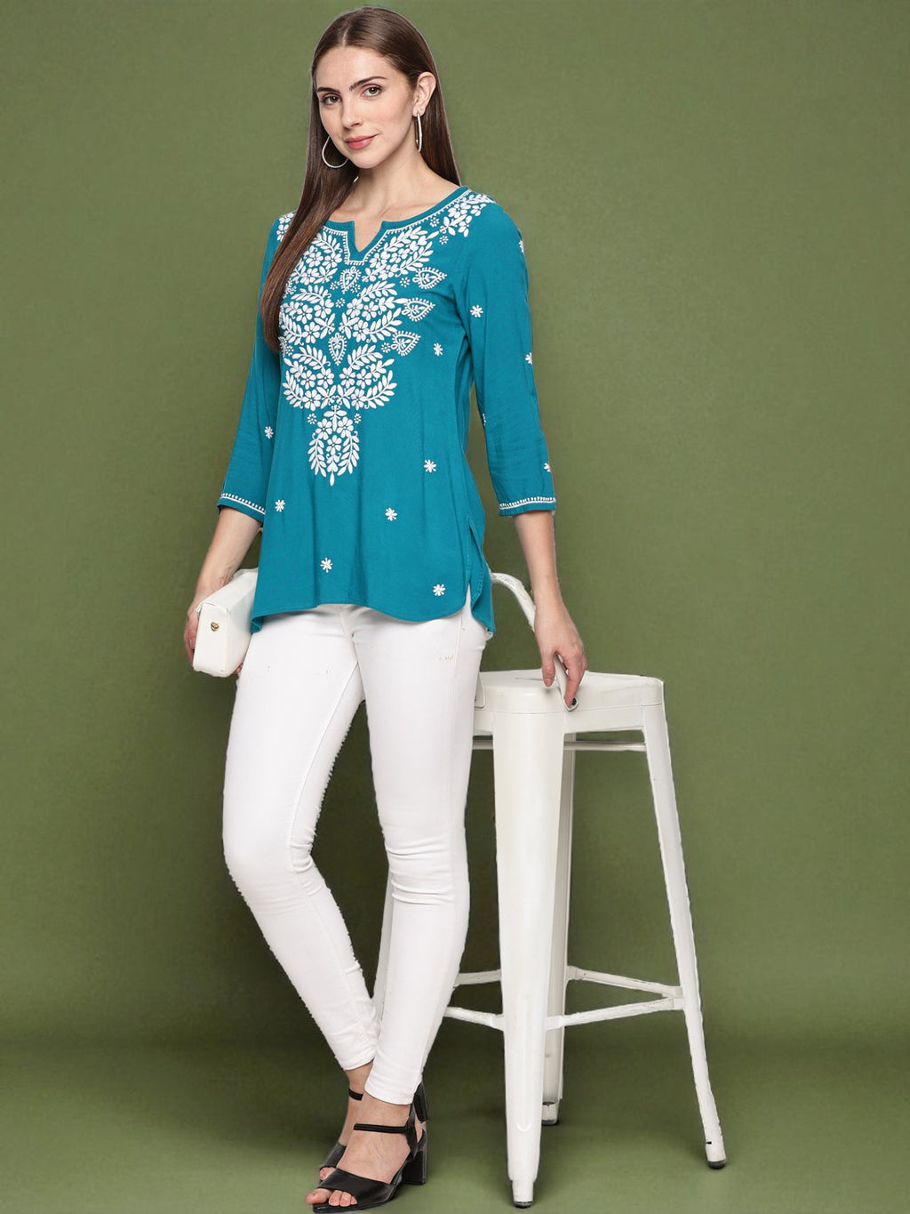 Rama Green Handcrafted Chikankari Short Top