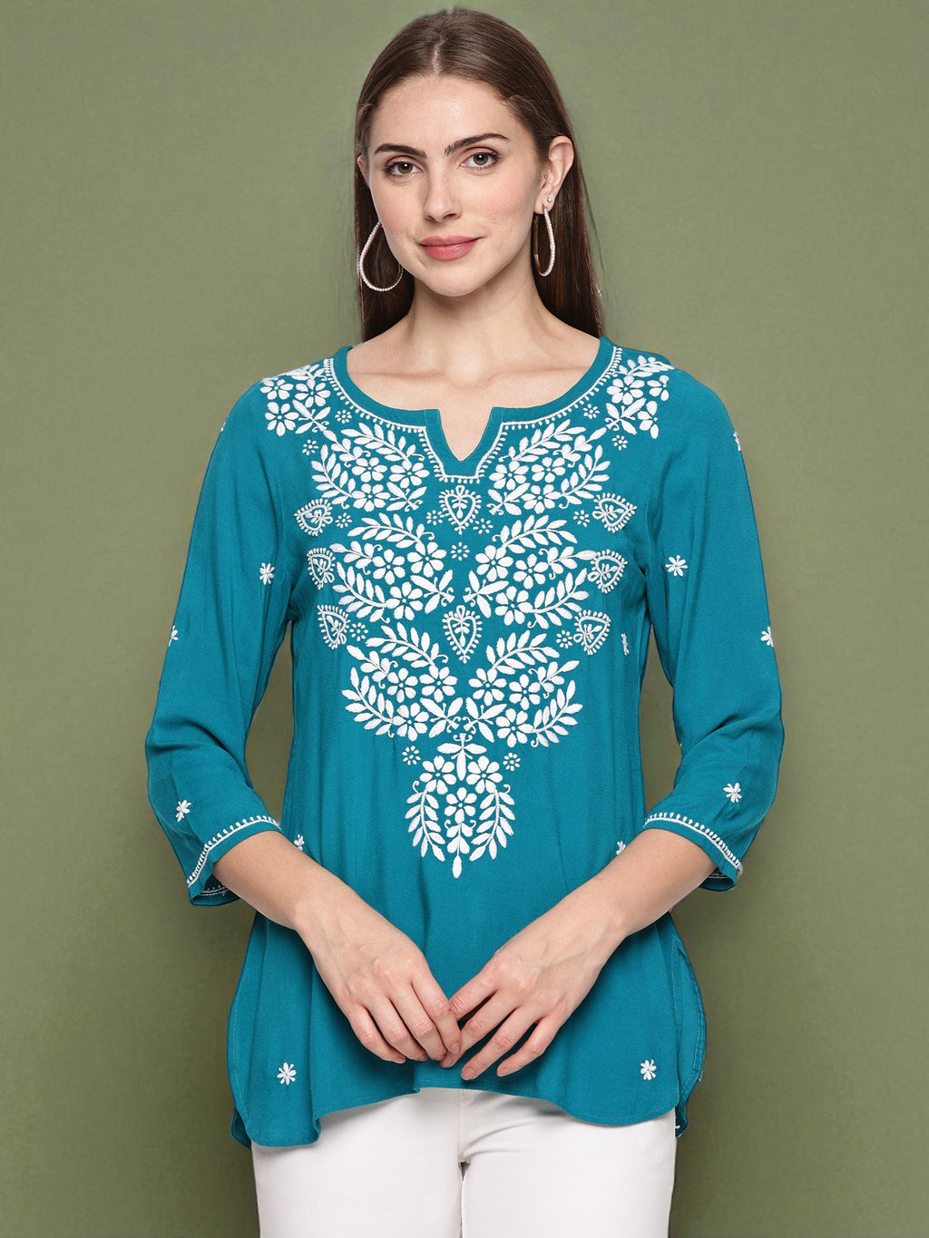 Rama Green Handcrafted Chikankari Short Top