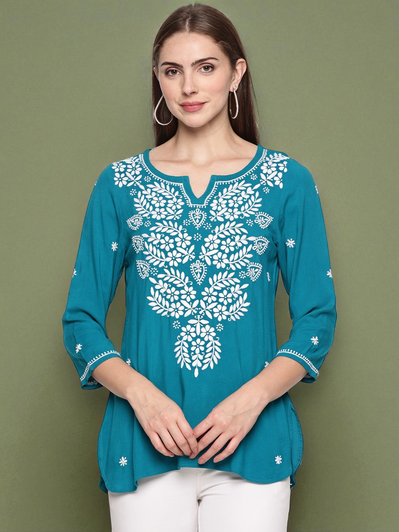 Rama Green Handcrafted Chikankari Short Top