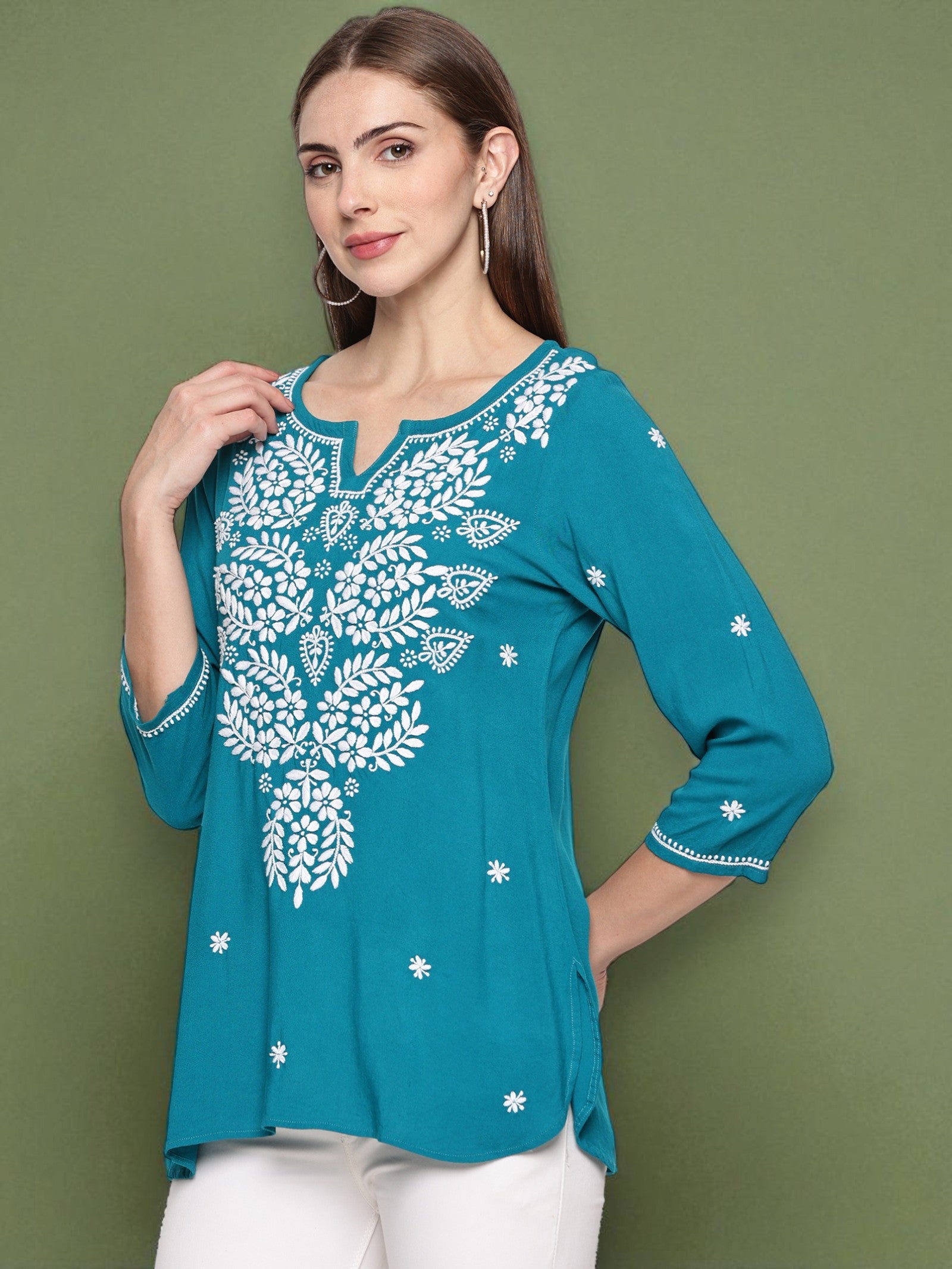 Rama Green Handcrafted Chikankari Short Top