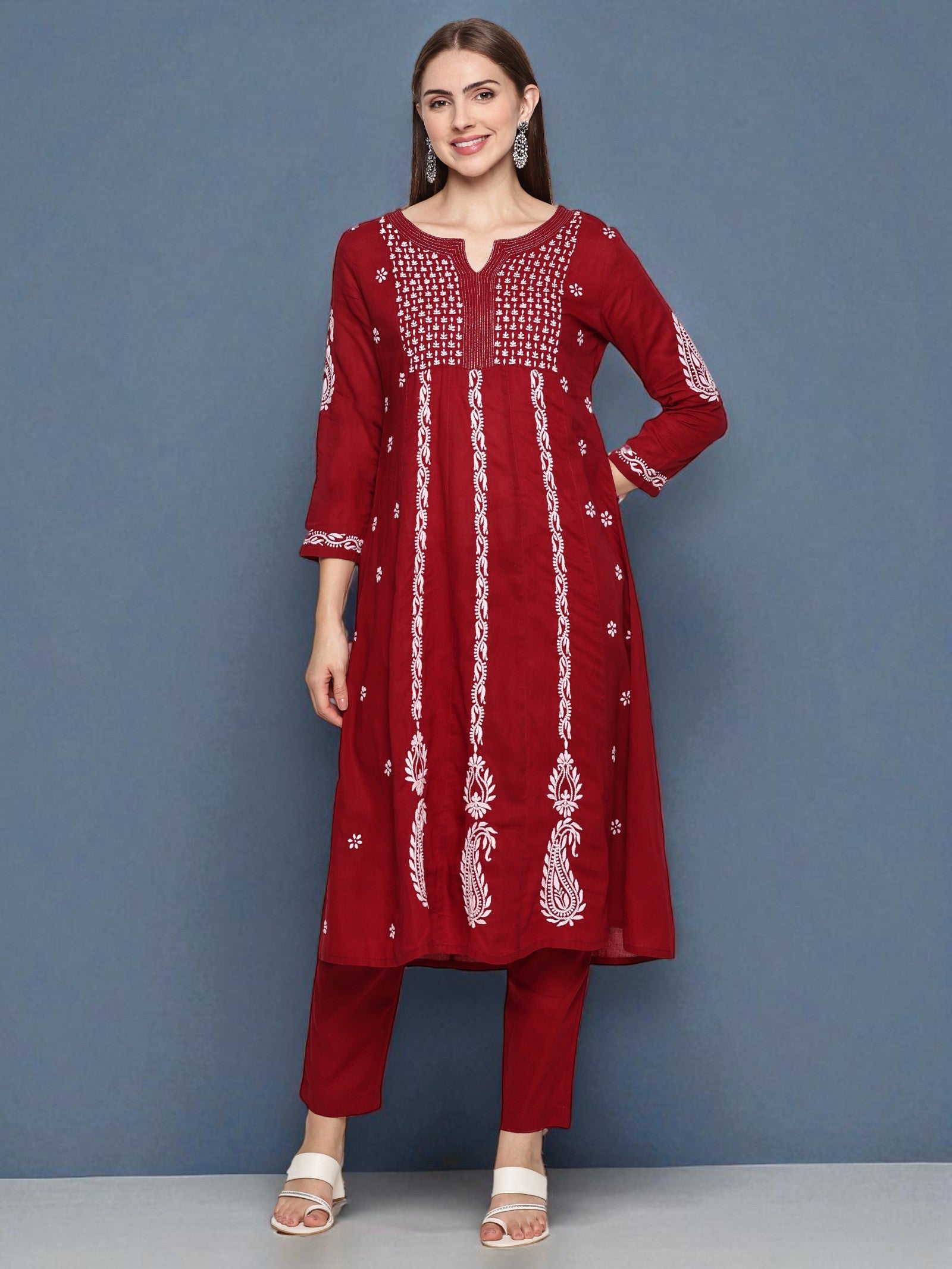Women’s Maroon Cotton Hand-Embroidered Chikankari Kurti – Round Neck, 3/4 Sleeves, 45 Inches