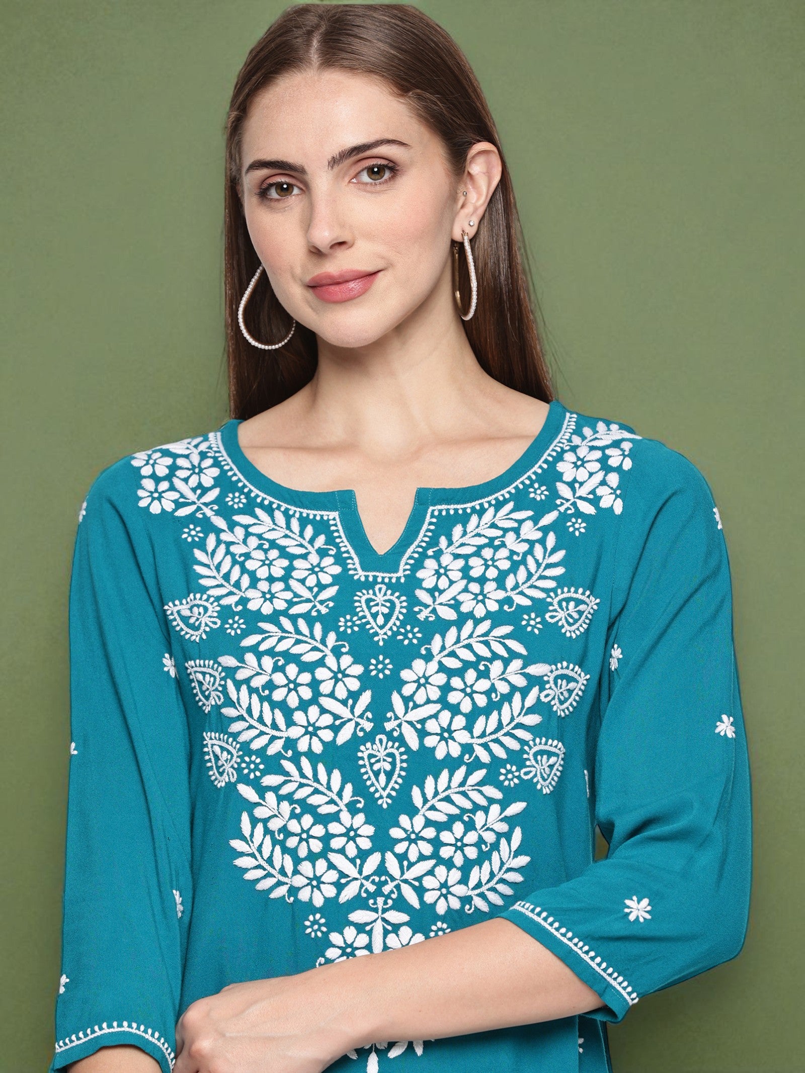 Rama Green Handcrafted Chikankari Short Top