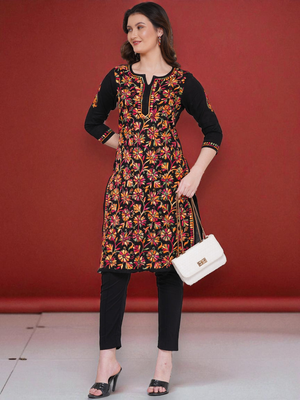 Women’s Black Cotton Multicolor Hand-Embroidered Chikankari Kurta – Round Neck, 3/4 Sleeves, 43 Inch Straight Fit Lucknowi Kurti