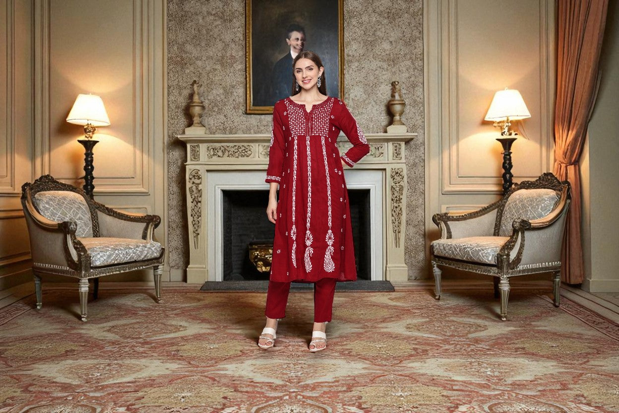 Women’s Maroon Cotton Hand-Embroidered Chikankari Kurti – Round Neck, 3/4 Sleeves, 45 Inches