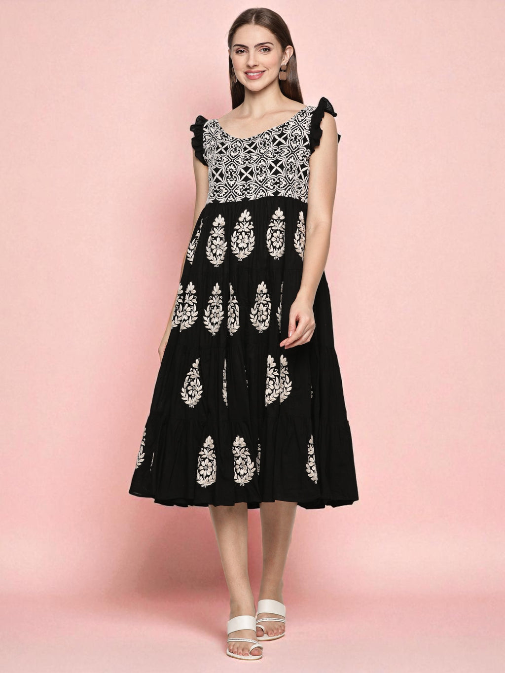 Women's Black Cotton Hand Embroidered Chikankari Dress | Boat Neck, Sleeveless Frill, 44 Inches Long