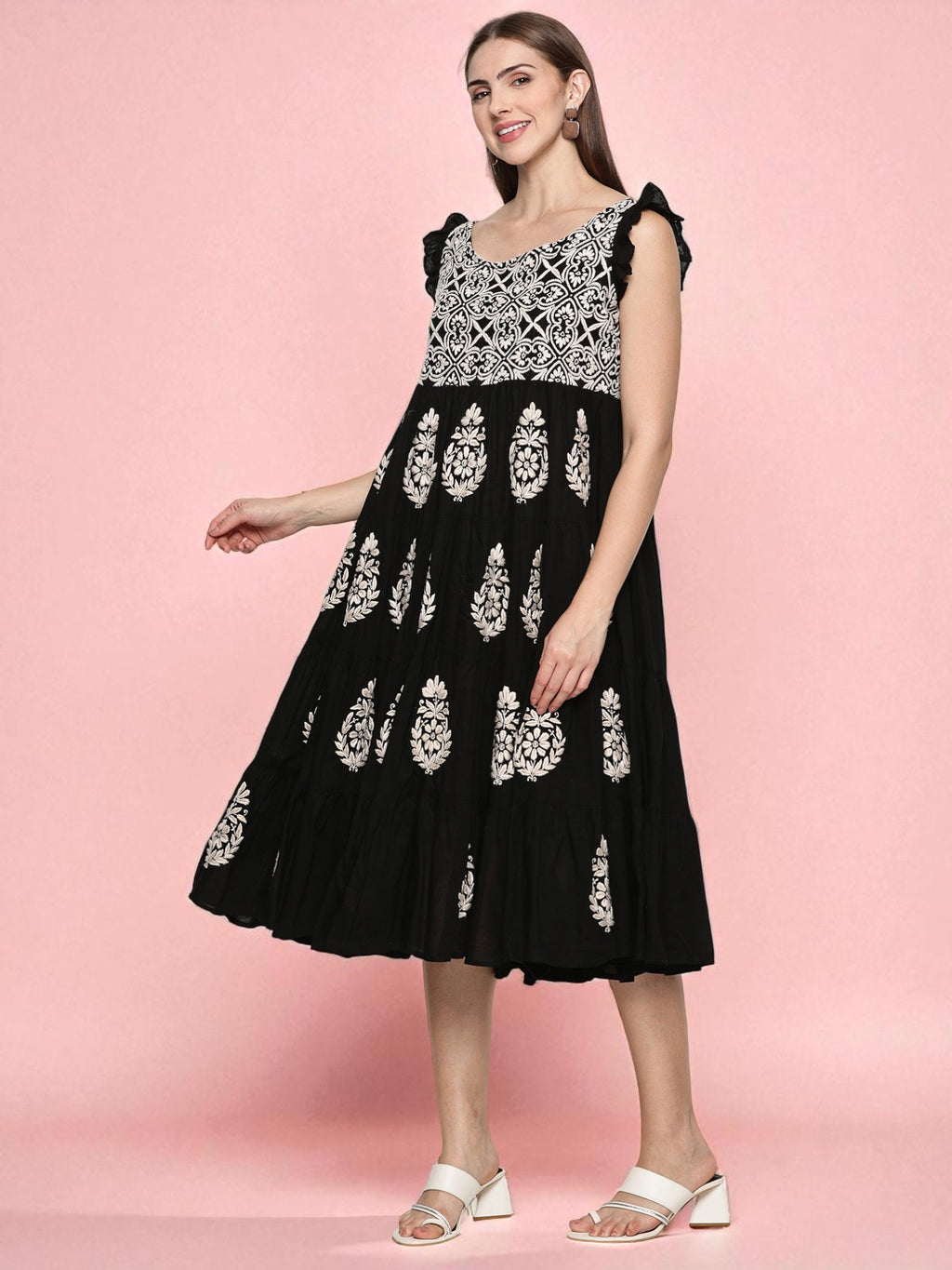 Women's Black Cotton Hand Embroidered Chikankari Dress | Boat Neck, Sleeveless Frill, 44 Inches Long