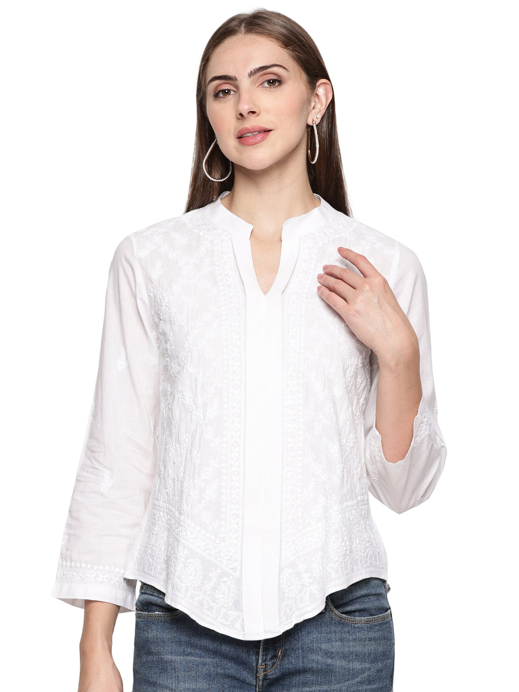 Women's White Cotton Handcrafted Chikankari Tunic Top | Round Neck Flat Collar, 3/4 Sleeves, 24 Inches