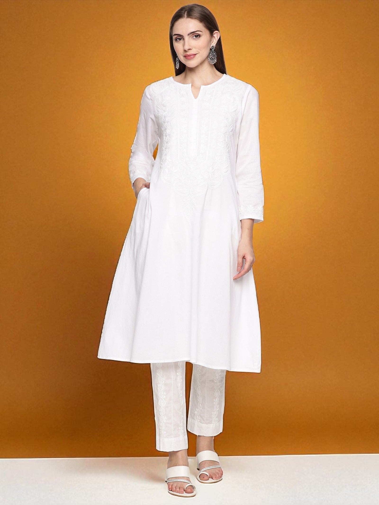 White Women’s Cotton Chikankari Hand Embroidered A-Line Kurta | Round Neck, 3/4 Sleeves, 46 Inch Long Ethnic Wear