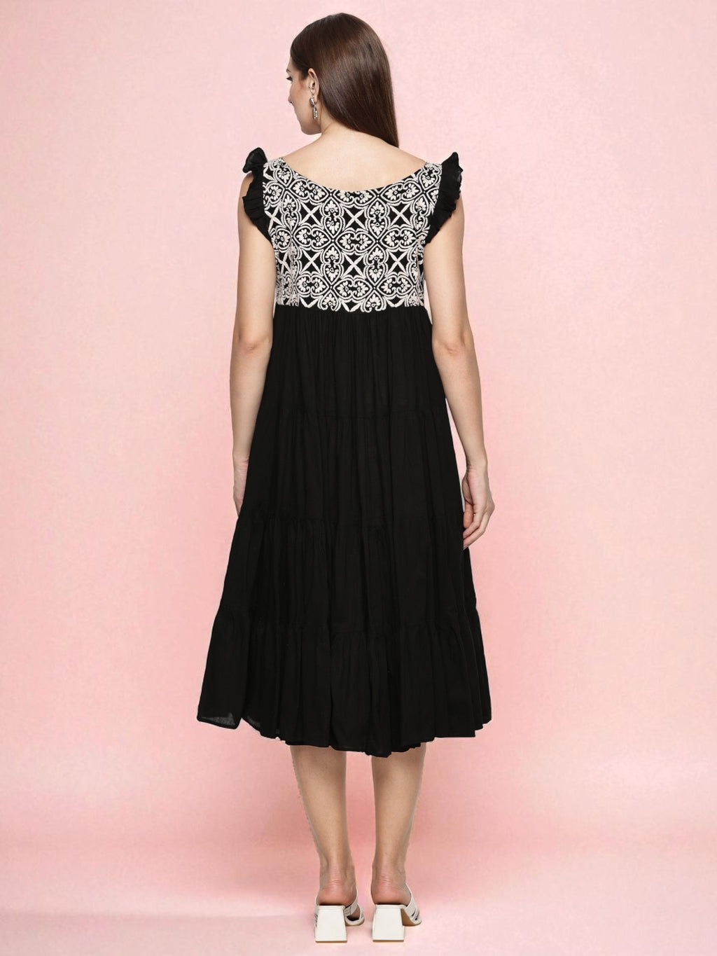 Women's Black Cotton Hand Embroidered Chikankari Dress | Boat Neck, Sleeveless Frill, 44 Inches Long