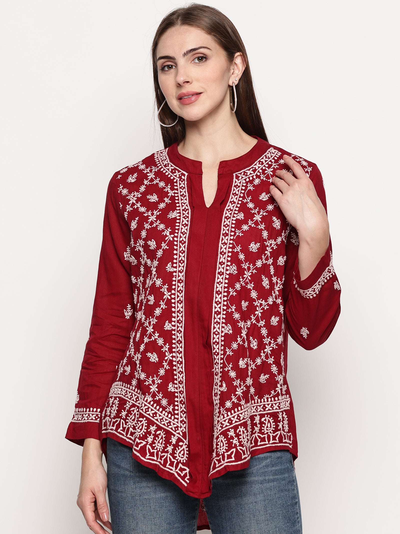 Women's Maroon Cotton Handcrafted Chikankari Tunic Top | Round Neck Flat Collar, 3/4 Sleeves, 24