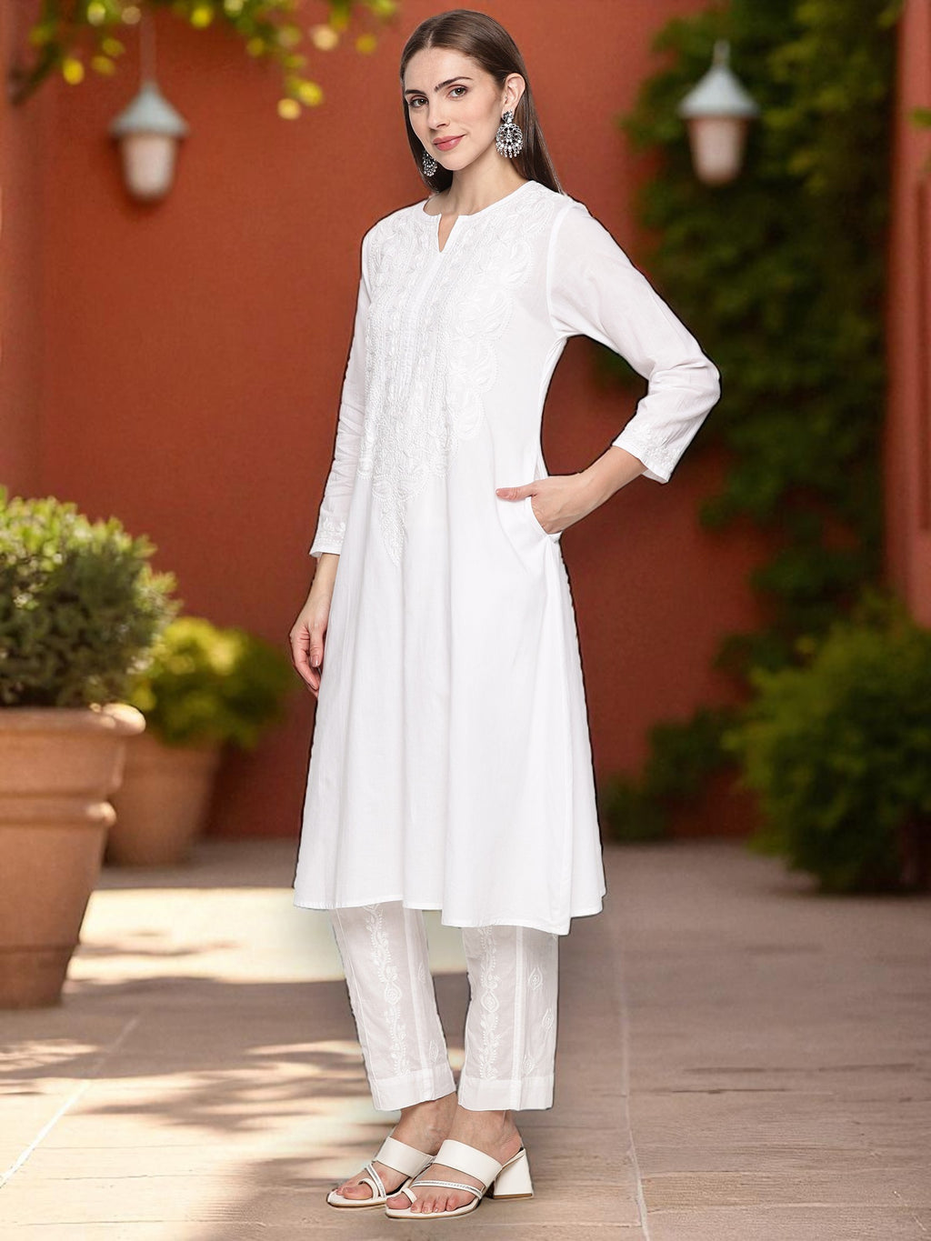 White Women’s Cotton Chikankari Hand Embroidered A-Line Kurta | Round Neck, 3/4 Sleeves, 46 Inch Long Ethnic Wear
