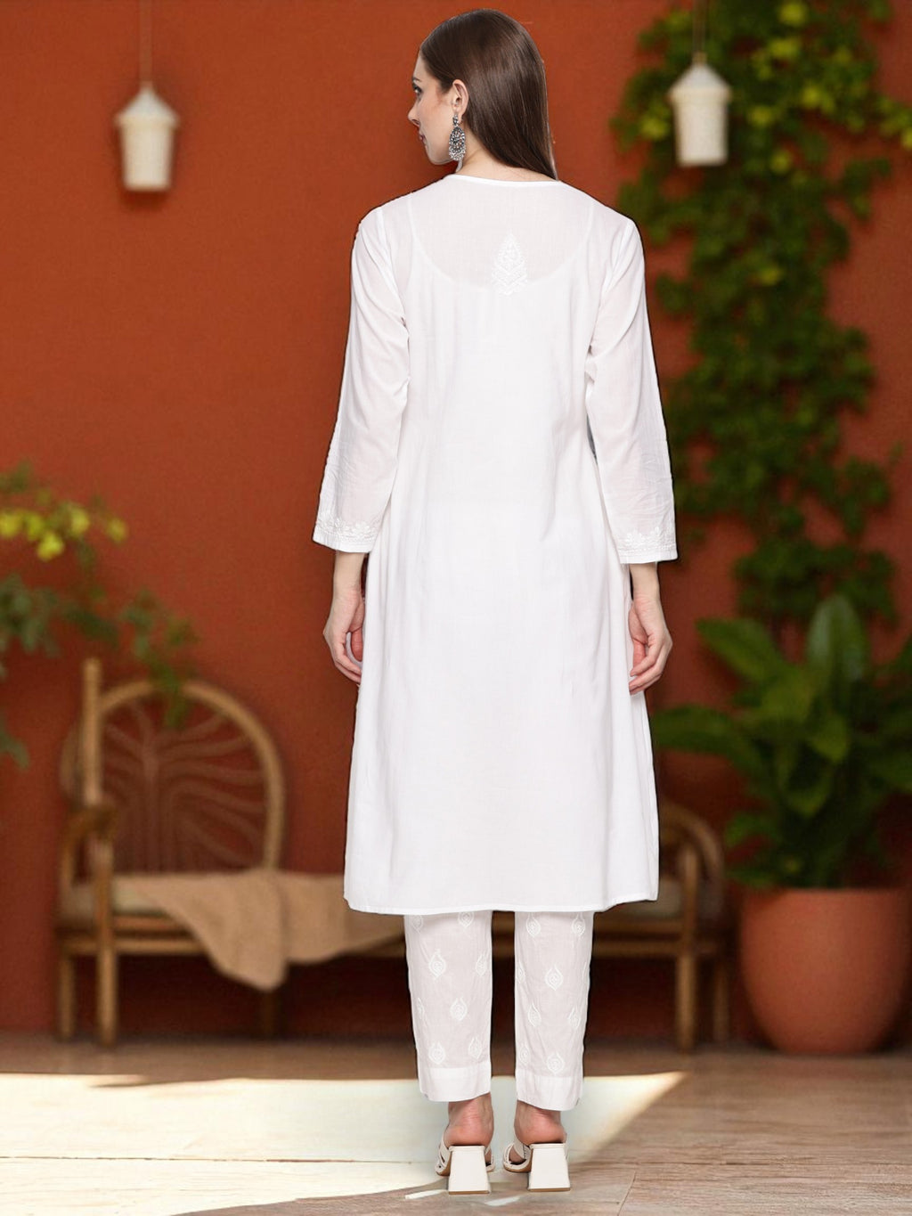 White Women’s Cotton Chikankari Hand Embroidered A-Line Kurta | Round Neck, 3/4 Sleeves, 46 Inch Long Ethnic Wear