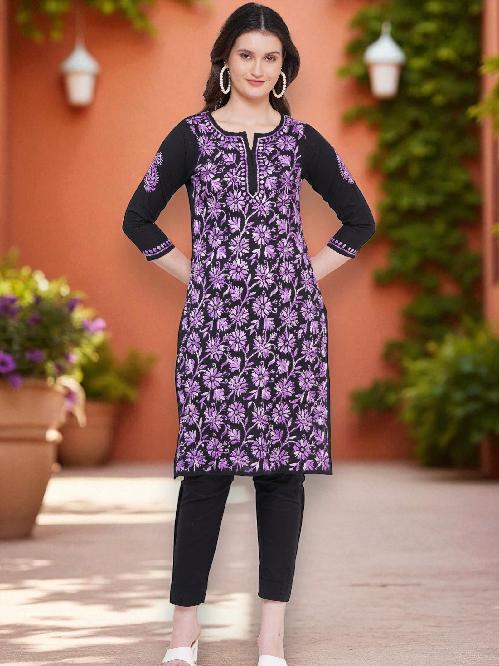 Women’s Black Cotton Multicolor Hand-Embroidered Chikankari Kurta – Round Neck, 3/4 Sleeves, 43 Inch Straight Fit Lucknowi Kurti
