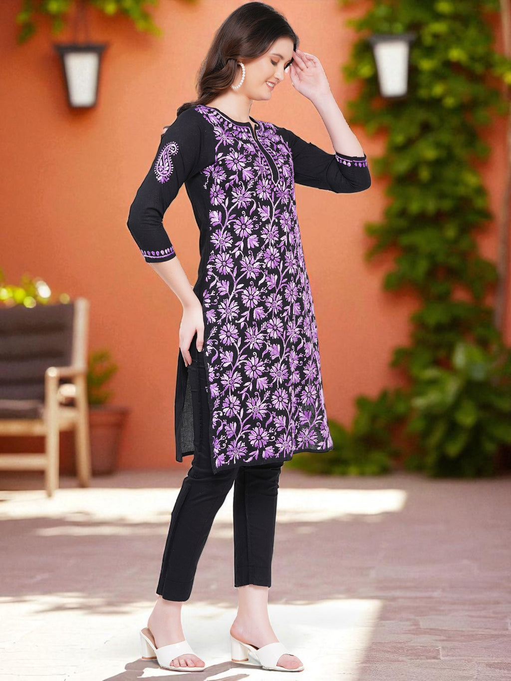 Women’s Black Cotton Multicolor Hand-Embroidered Chikankari Kurta – Round Neck, 3/4 Sleeves, 43 Inch Straight Fit Lucknowi Kurti