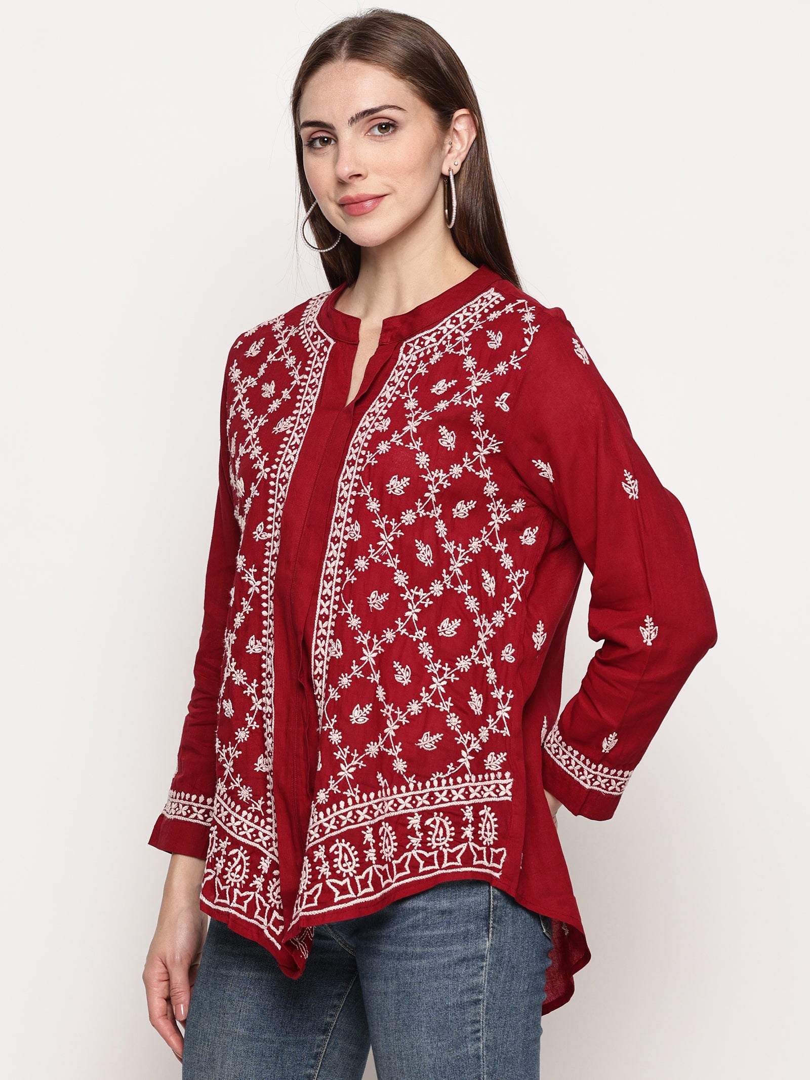 Women's Maroon Cotton Handcrafted Chikankari Tunic Top | Round Neck Flat Collar, 3/4 Sleeves, 24