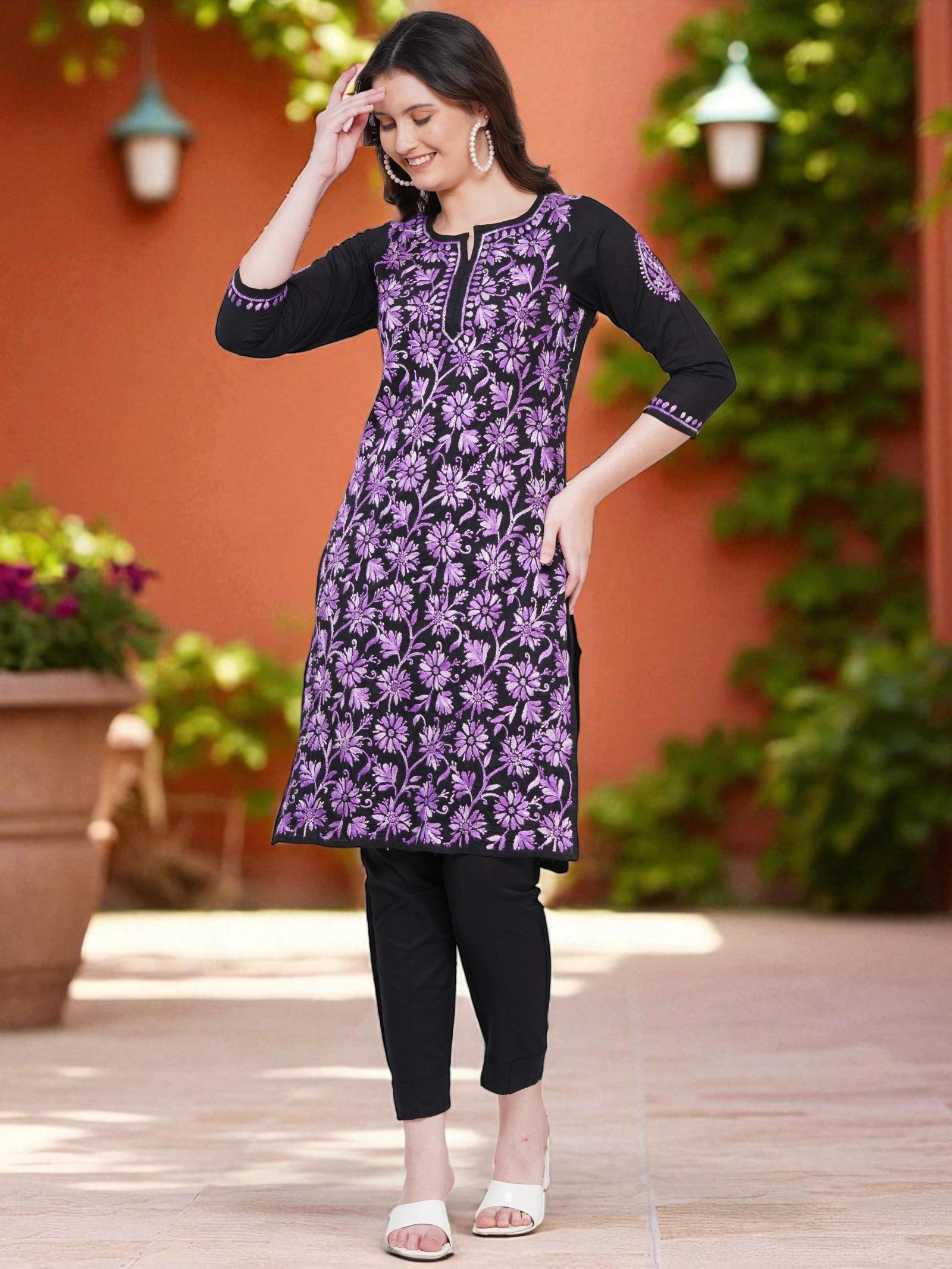 Women’s Black Cotton Multicolor Hand-Embroidered Chikankari Kurta – Round Neck, 3/4 Sleeves, 43 Inch Straight Fit Lucknowi Kurti