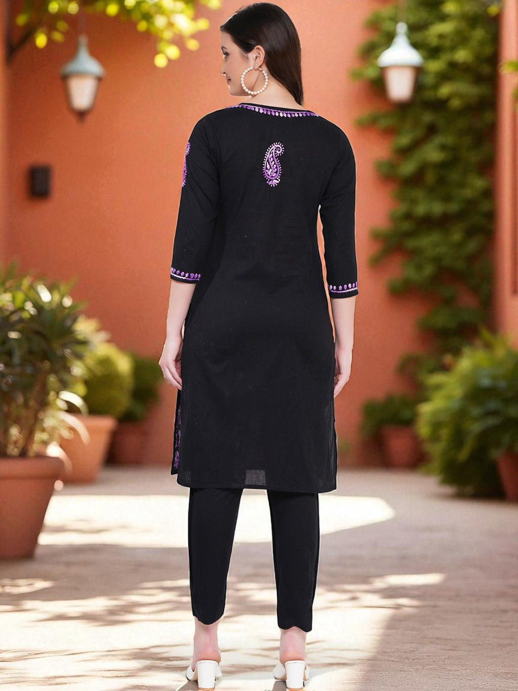 Women’s Black Cotton Multicolor Hand-Embroidered Chikankari Kurta – Round Neck, 3/4 Sleeves, 43 Inch Straight Fit Lucknowi Kurti