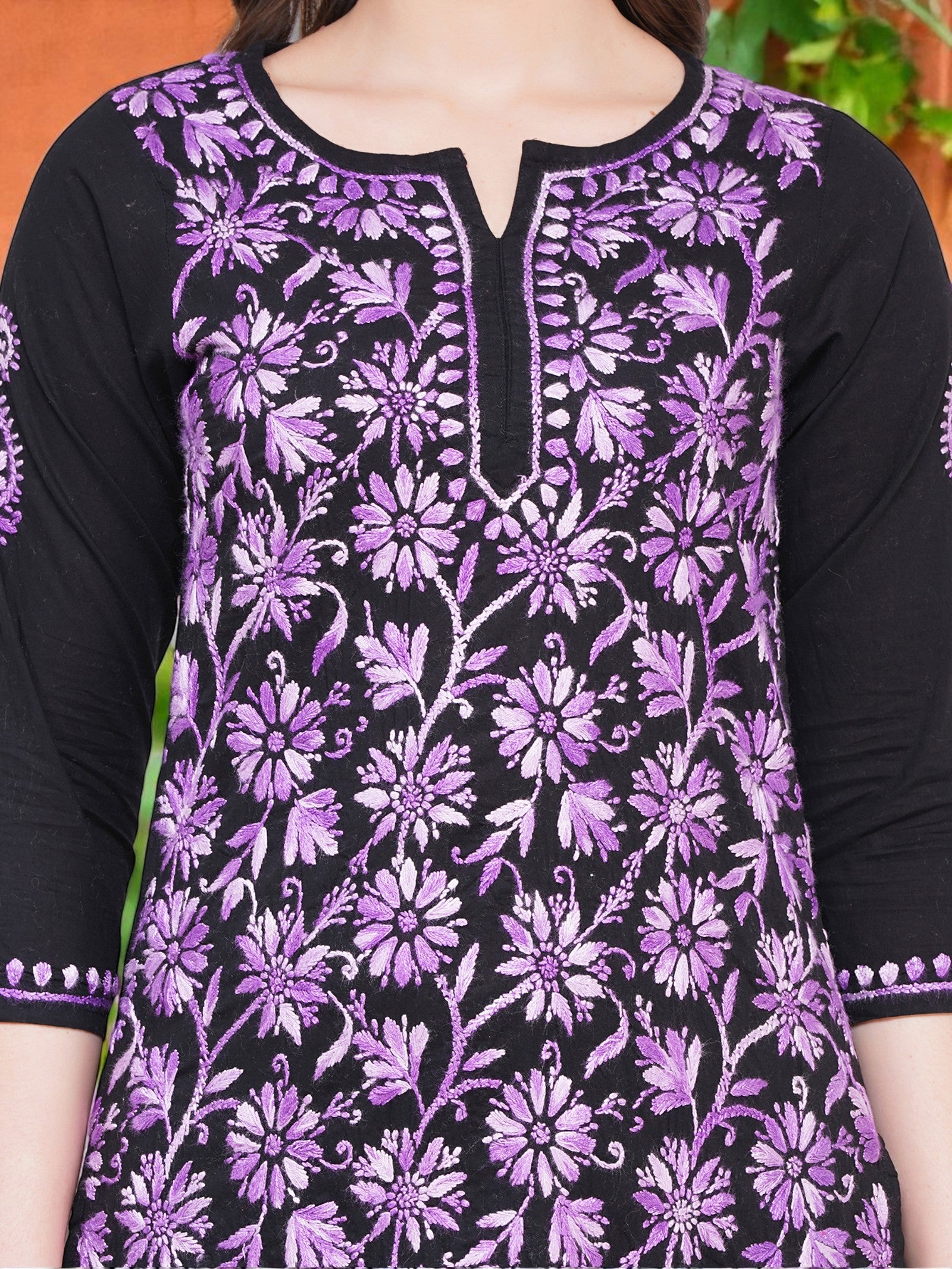 Women’s Black Cotton Multicolor Hand-Embroidered Chikankari Kurta – Round Neck, 3/4 Sleeves, 43 Inch Straight Fit Lucknowi Kurti