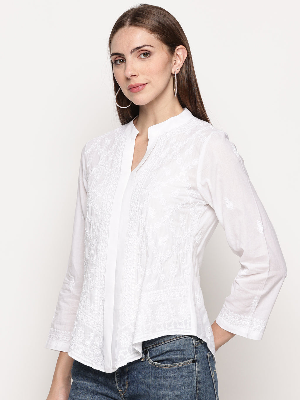 Women's White Cotton Handcrafted Chikankari Tunic Top | Round Neck Flat Collar, 3/4 Sleeves, 24 Inches