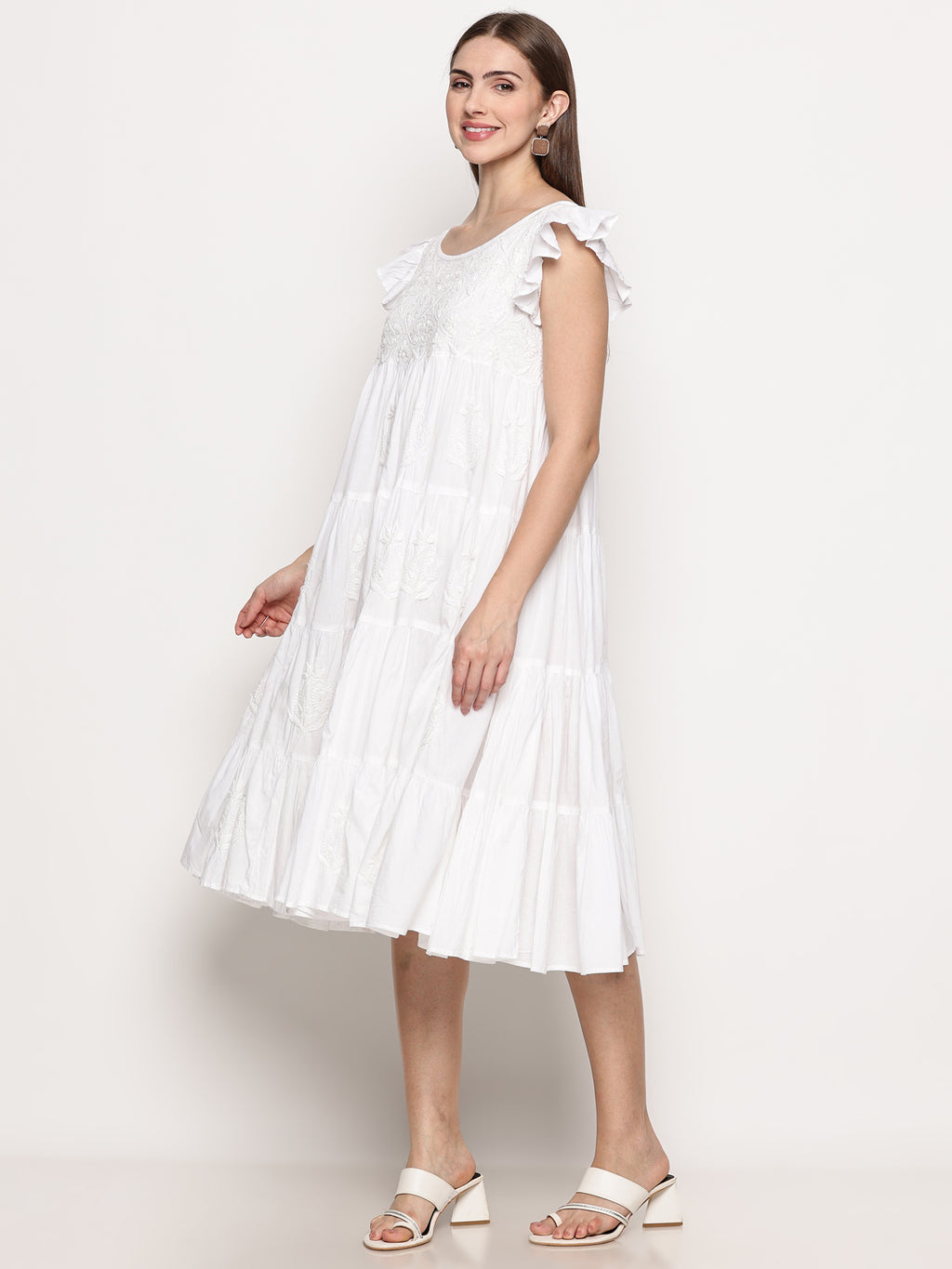 Women's White Cotton Hand Embroidered Chikankari Dress | Boat Neck, Sleeveless Frill, 44 Inches Long