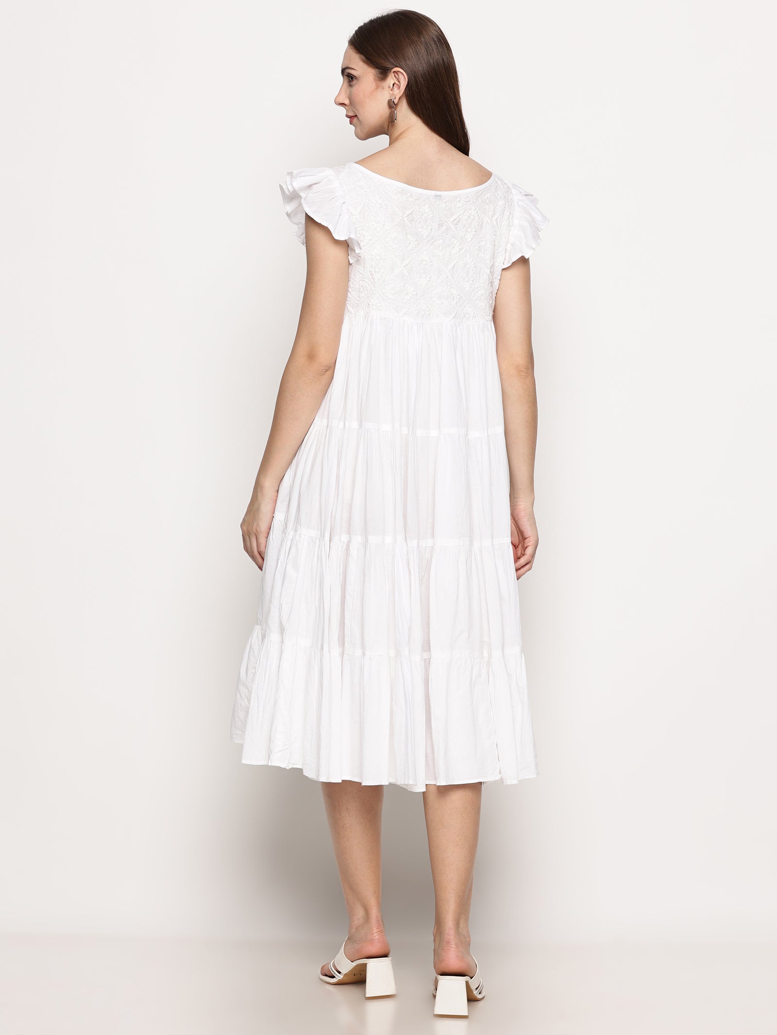 Women's White Cotton Hand Embroidered Chikankari Dress | Boat Neck, Sleeveless Frill, 44 Inches Long