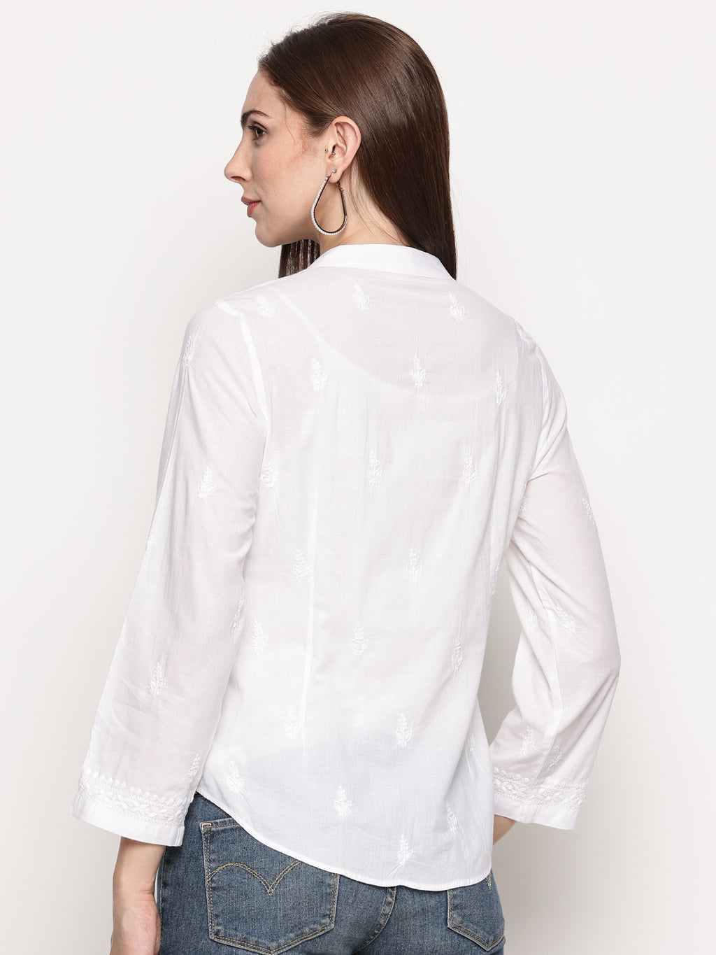 Women's White Cotton Handcrafted Chikankari Tunic Top | Round Neck Flat Collar, 3/4 Sleeves, 24 Inches