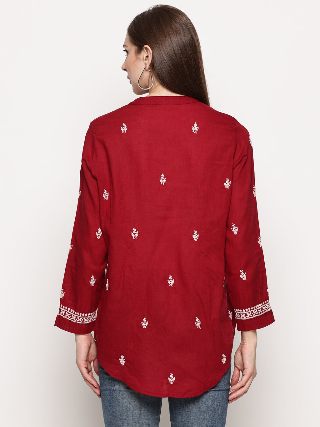 Women's Maroon Cotton Handcrafted Chikankari Tunic Top | Round Neck Flat Collar, 3/4 Sleeves, 24