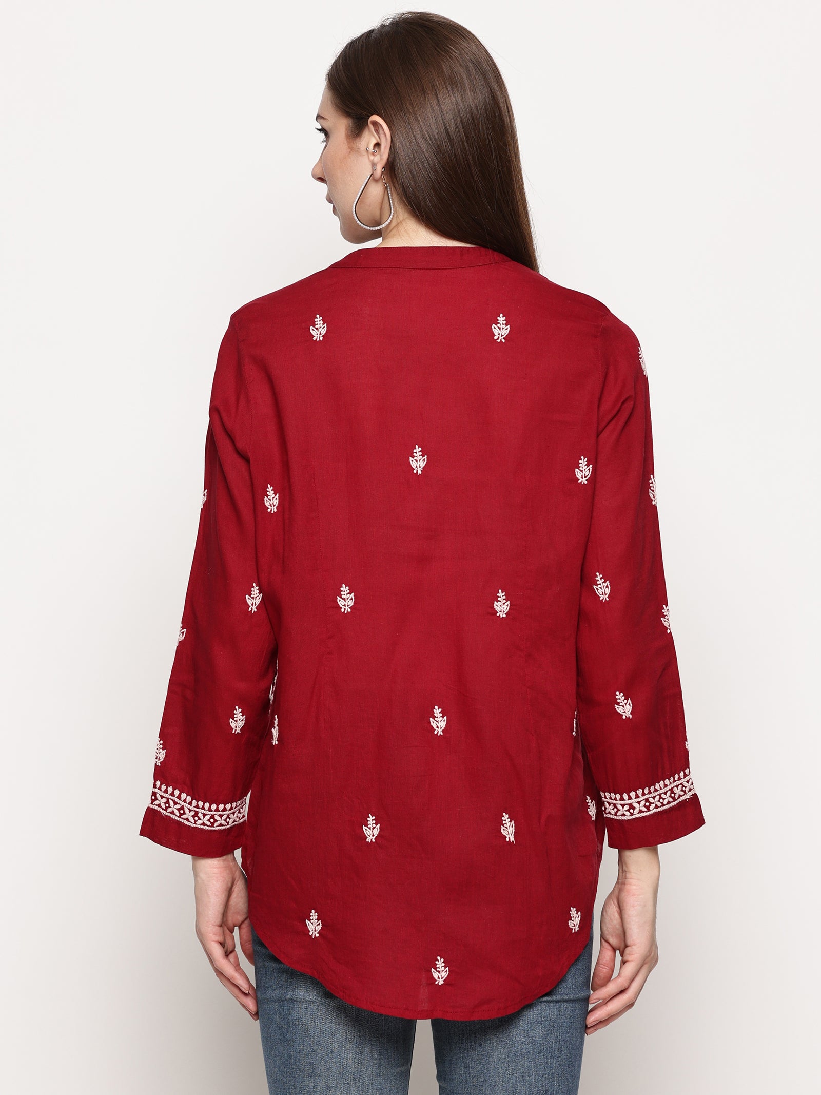 Women's Maroon Cotton Handcrafted Chikankari Tunic Top | Round Neck Flat Collar, 3/4 Sleeves, 24