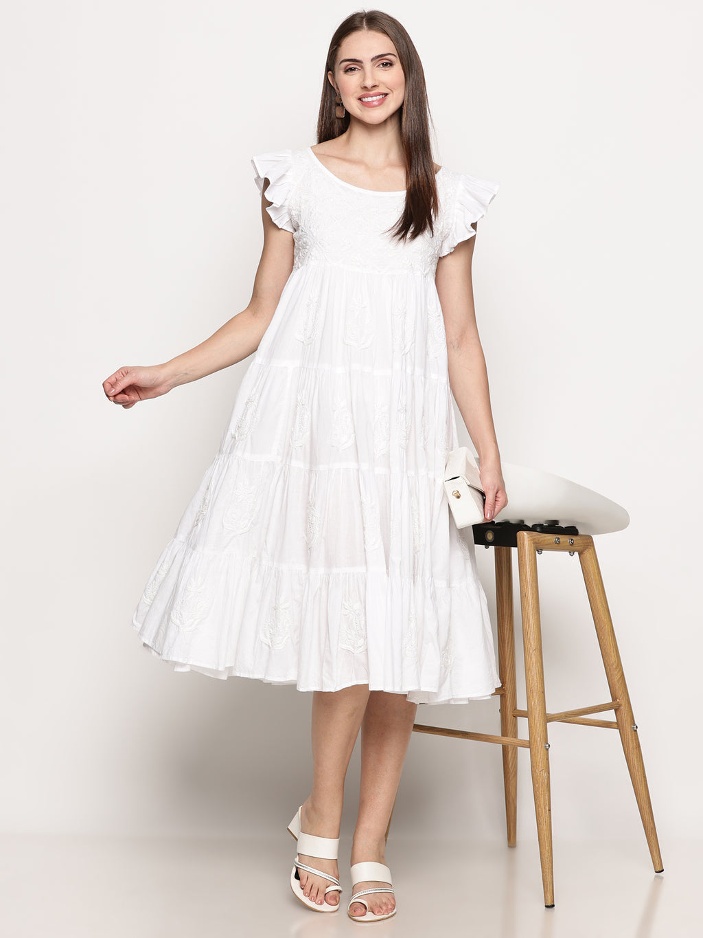 Women's White Cotton Hand Embroidered Chikankari Dress | Boat Neck, Sleeveless Frill, 44 Inches Long