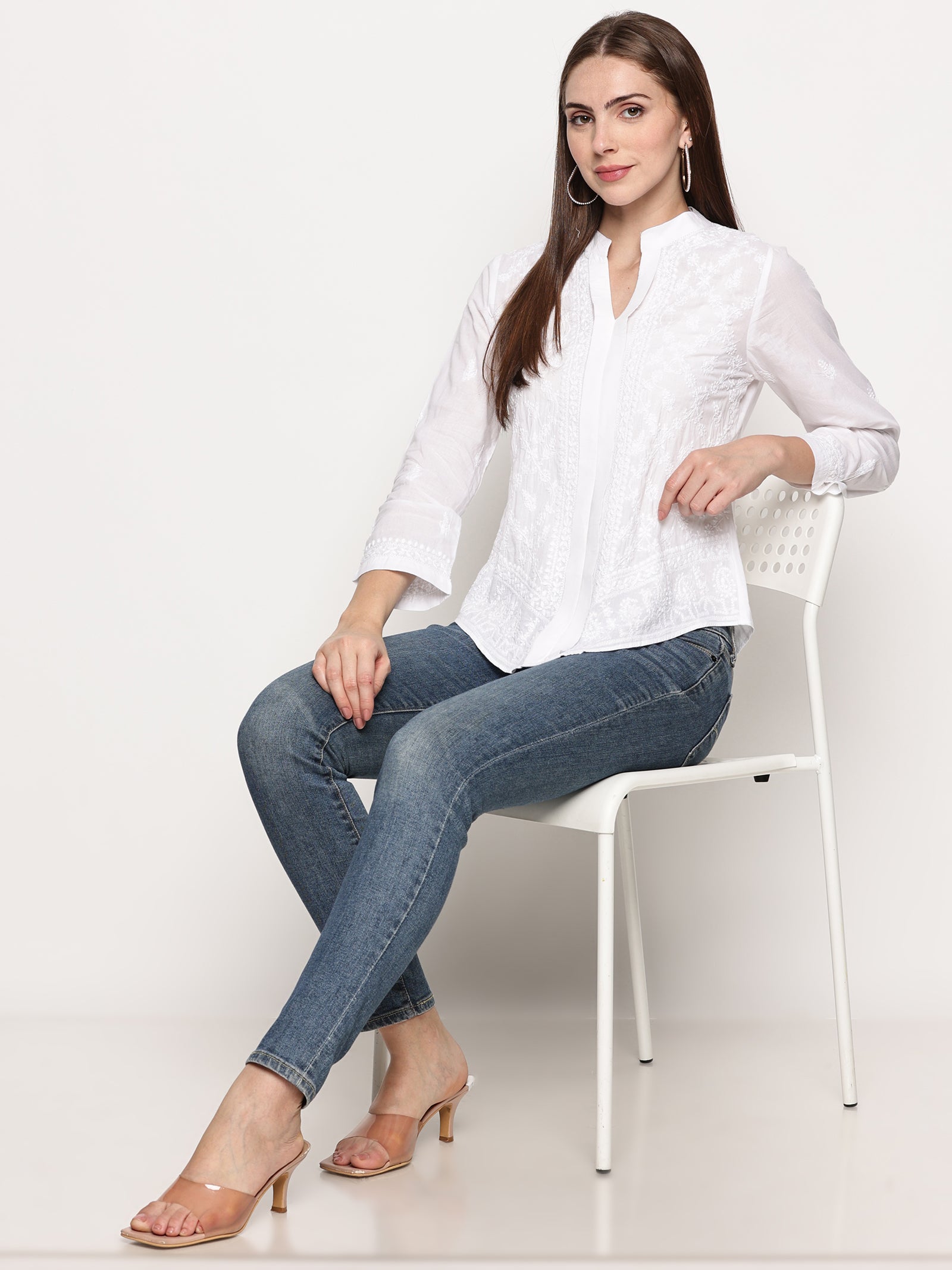 Women's White Cotton Handcrafted Chikankari Tunic Top | Round Neck Flat Collar, 3/4 Sleeves, 24 Inches