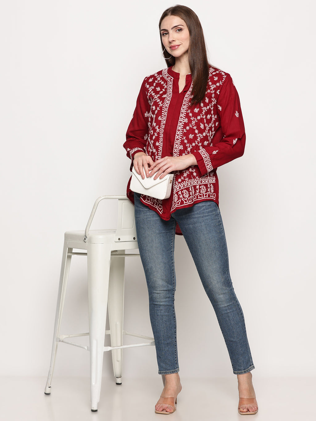 Women's Maroon Cotton Handcrafted Chikankari Tunic Top | Round Neck Flat Collar, 3/4 Sleeves, 24