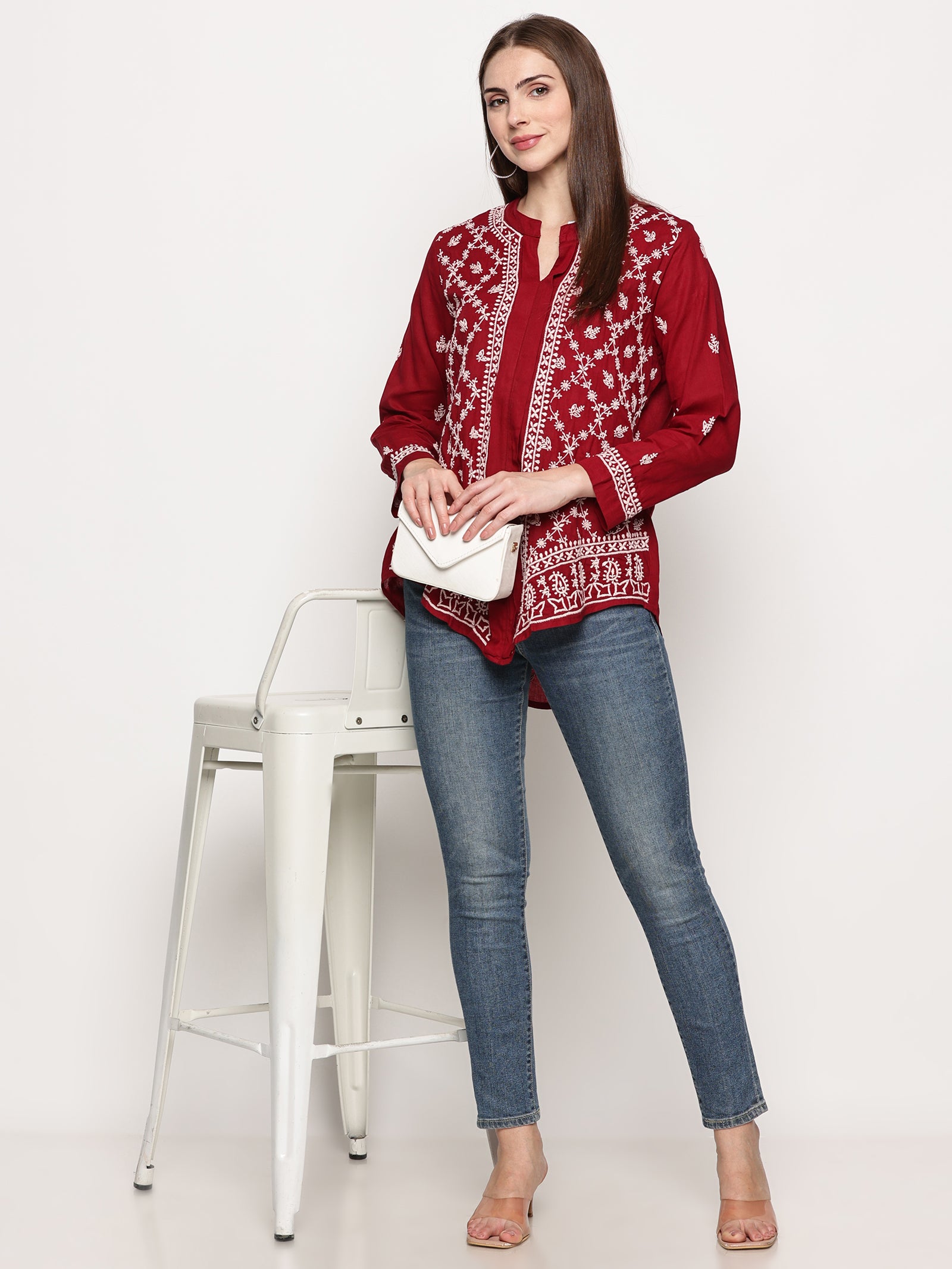 Women's Maroon Cotton Handcrafted Chikankari Tunic Top | Round Neck Flat Collar, 3/4 Sleeves, 24