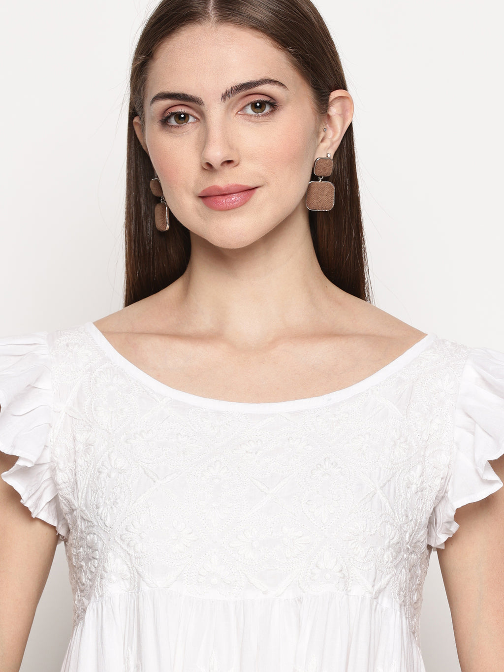 Women's White Cotton Hand Embroidered Chikankari Dress | Boat Neck, Sleeveless Frill, 44 Inches Long