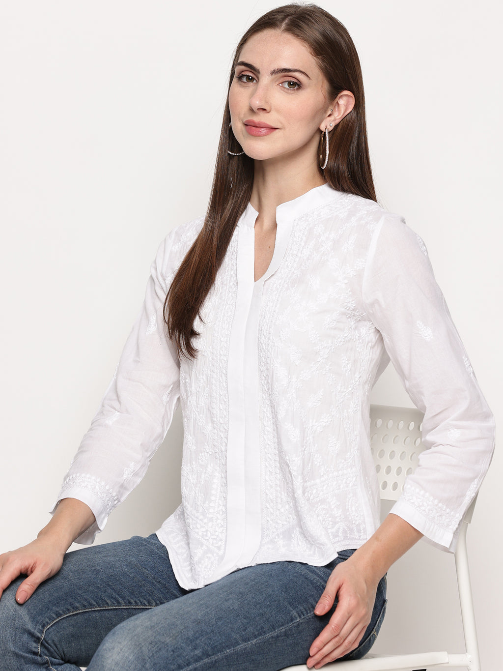 Women's White Cotton Handcrafted Chikankari Tunic Top | Round Neck Flat Collar, 3/4 Sleeves, 24 Inches