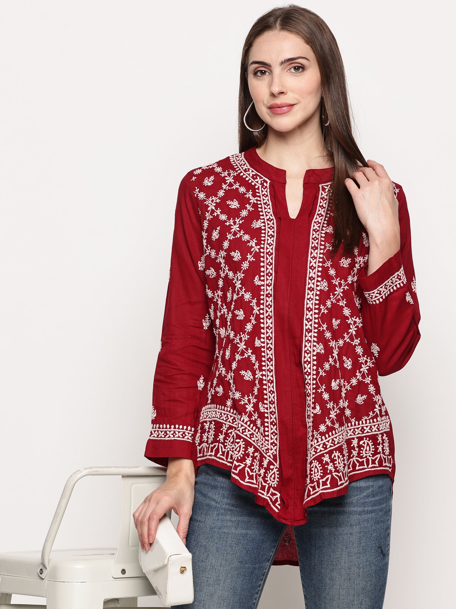 Women's Maroon Cotton Handcrafted Chikankari Tunic Top | Round Neck Flat Collar, 3/4 Sleeves, 24
