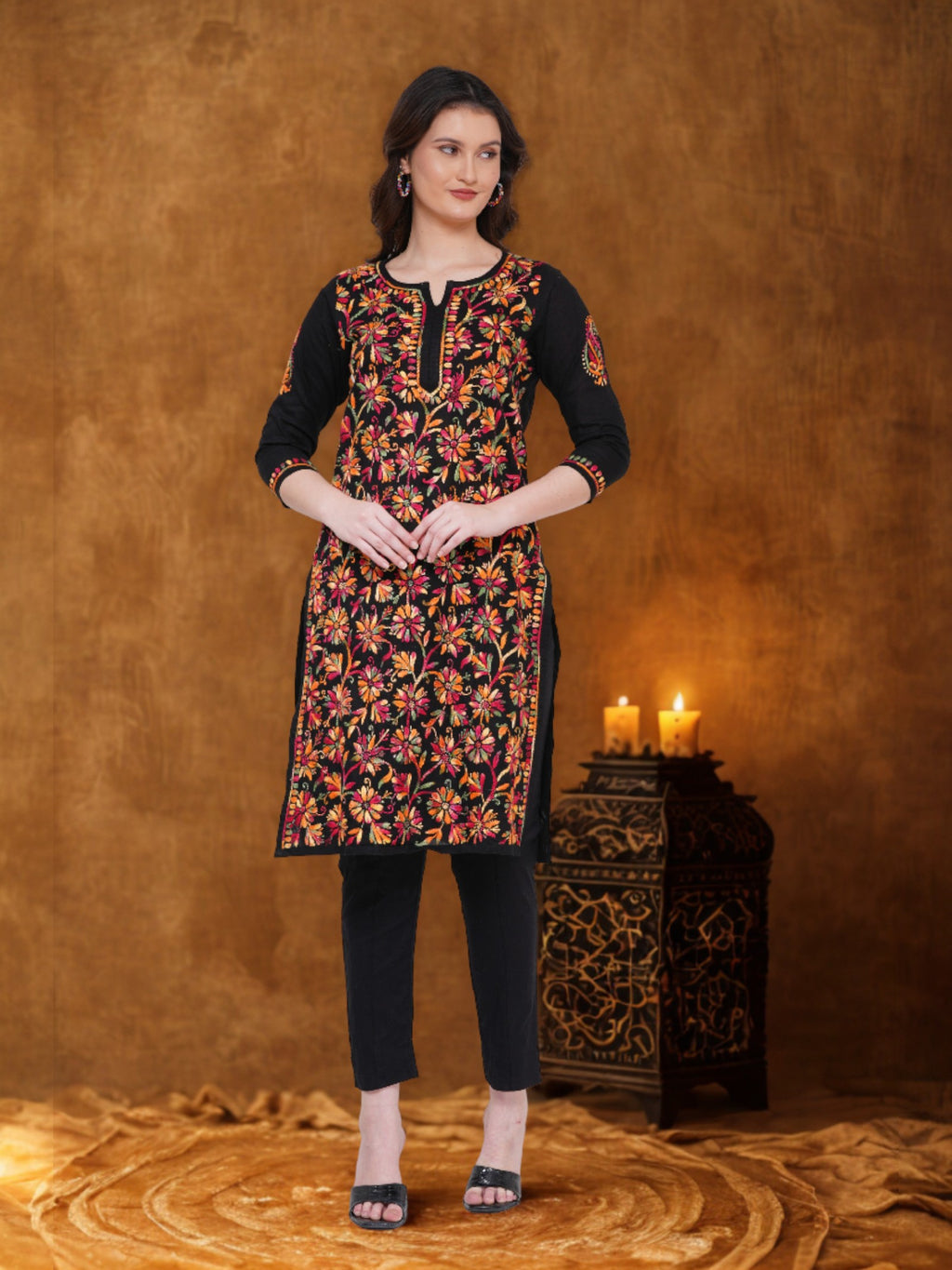Women’s Black Cotton Multicolor Hand-Embroidered Chikankari Kurta – Round Neck, 3/4 Sleeves, 43 Inch Straight Fit Lucknowi Kurti