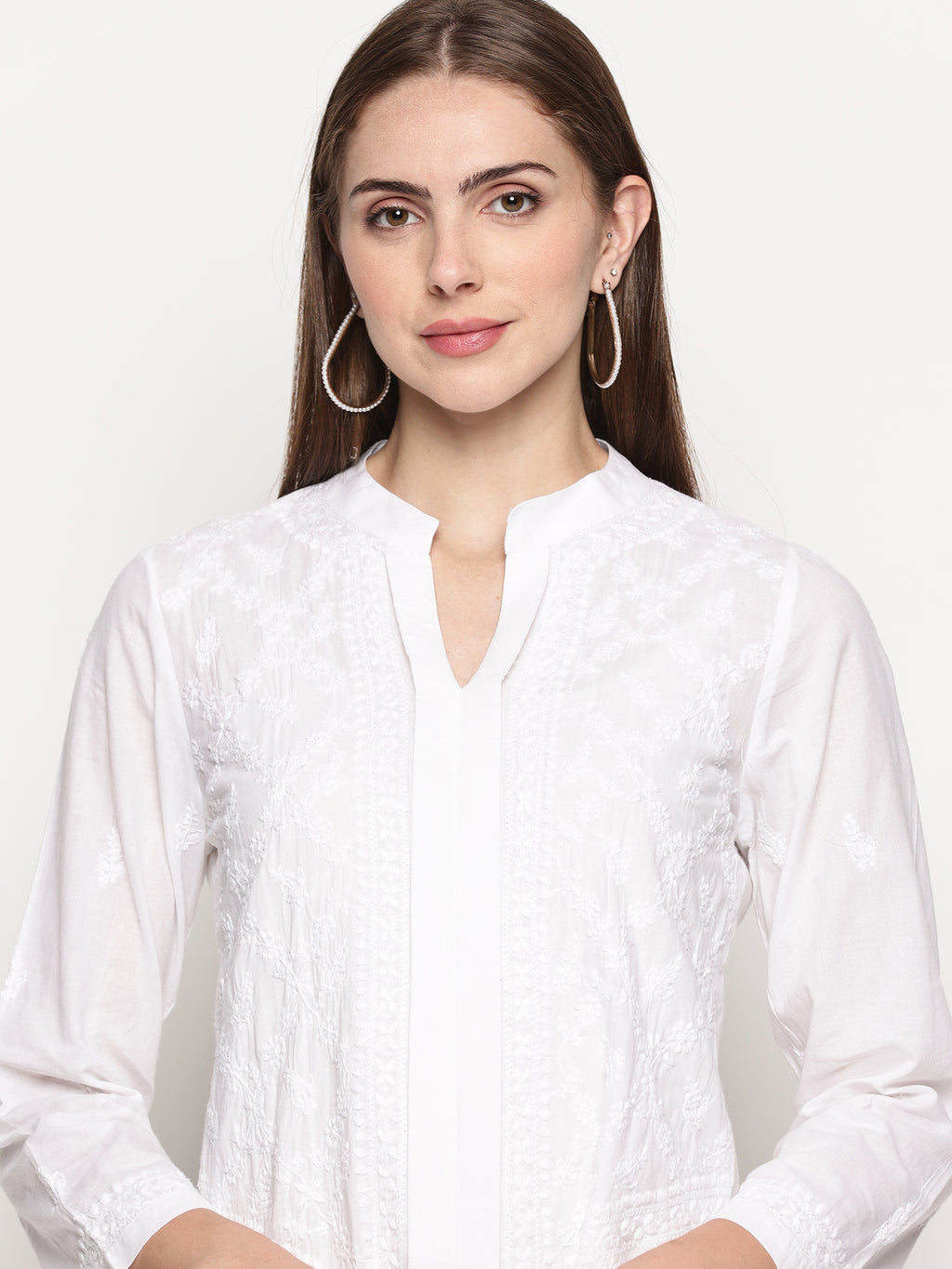 Women's White Cotton Handcrafted Chikankari Tunic Top | Round Neck Flat Collar, 3/4 Sleeves, 24 Inches