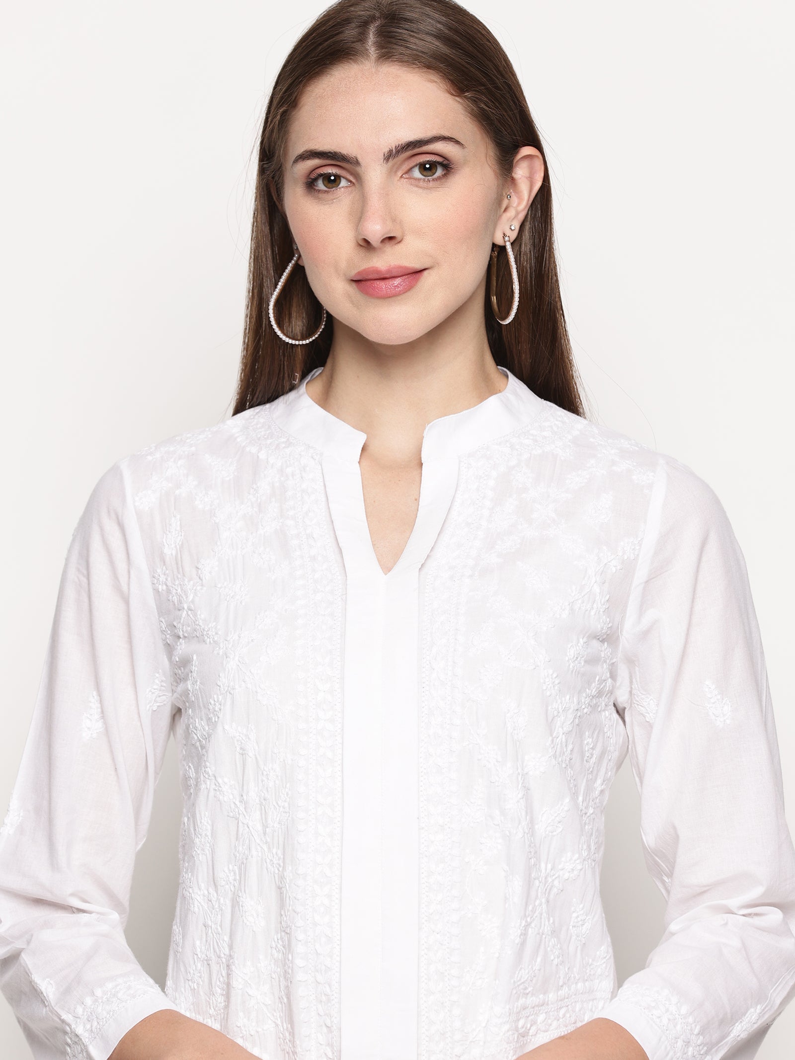 Women's White Cotton Handcrafted Chikankari Tunic Top | Round Neck Flat Collar, 3/4 Sleeves, 24 Inches