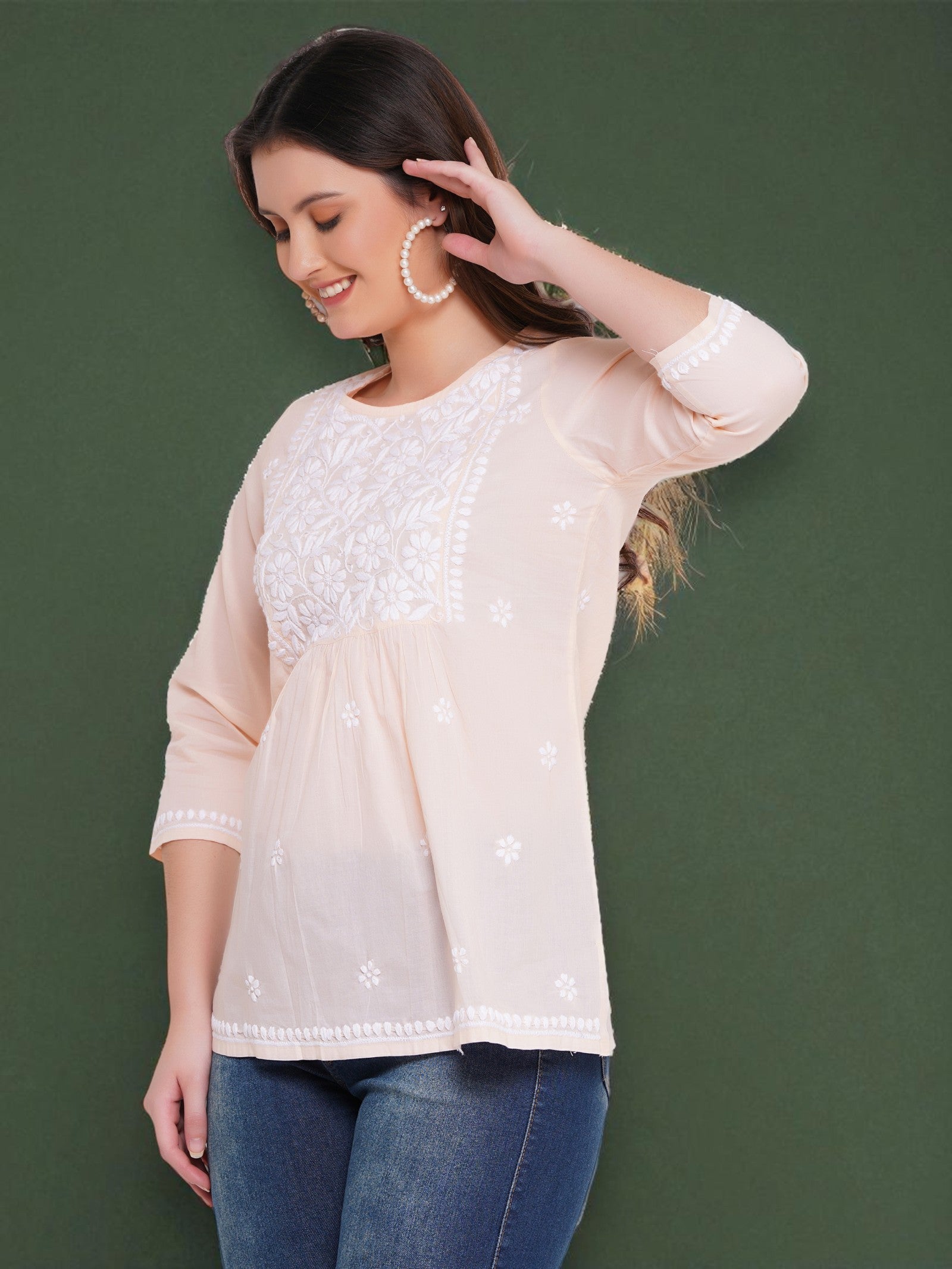 Peach Cotton Handcrafted Chikankari Straight Cut Tunic Top
