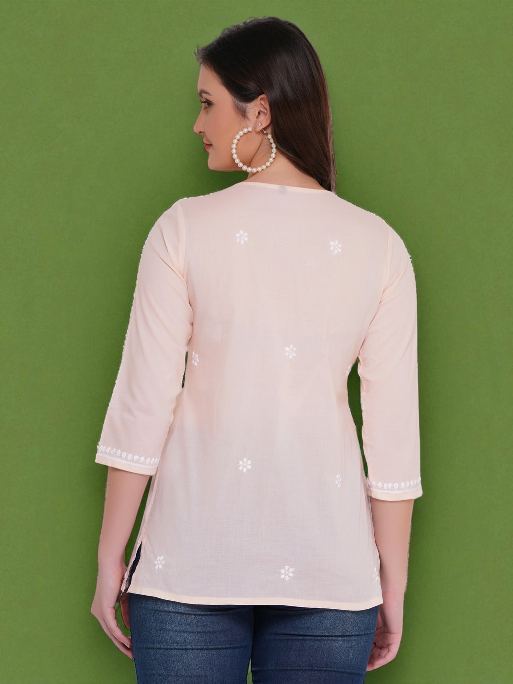 Peach Cotton Handcrafted Chikankari Straight Cut Tunic Top
