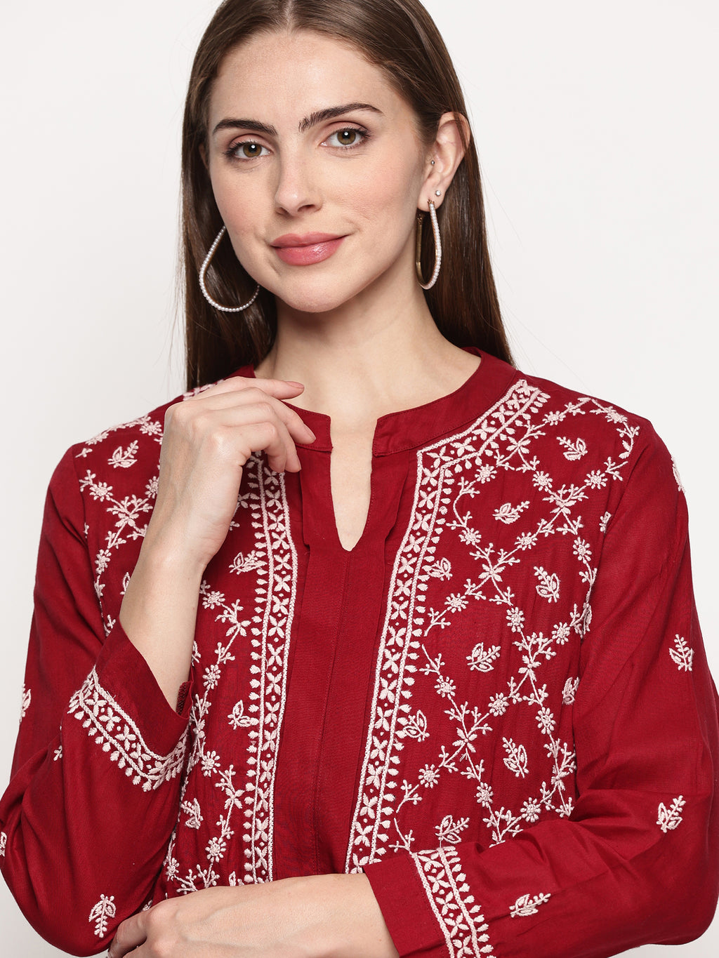 Women's Maroon Cotton Handcrafted Chikankari Tunic Top | Round Neck Flat Collar, 3/4 Sleeves, 24