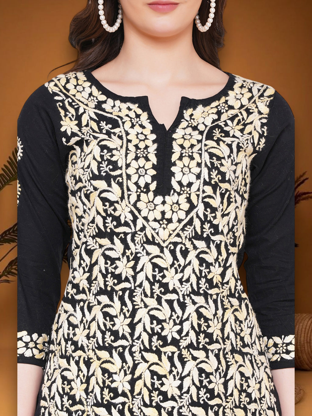 Women's Black/Yellow Cotton Hand Embroidered Chikankari Straight Fit Kurta | Round Neck, 3/4 Sleeves, 43 Inches