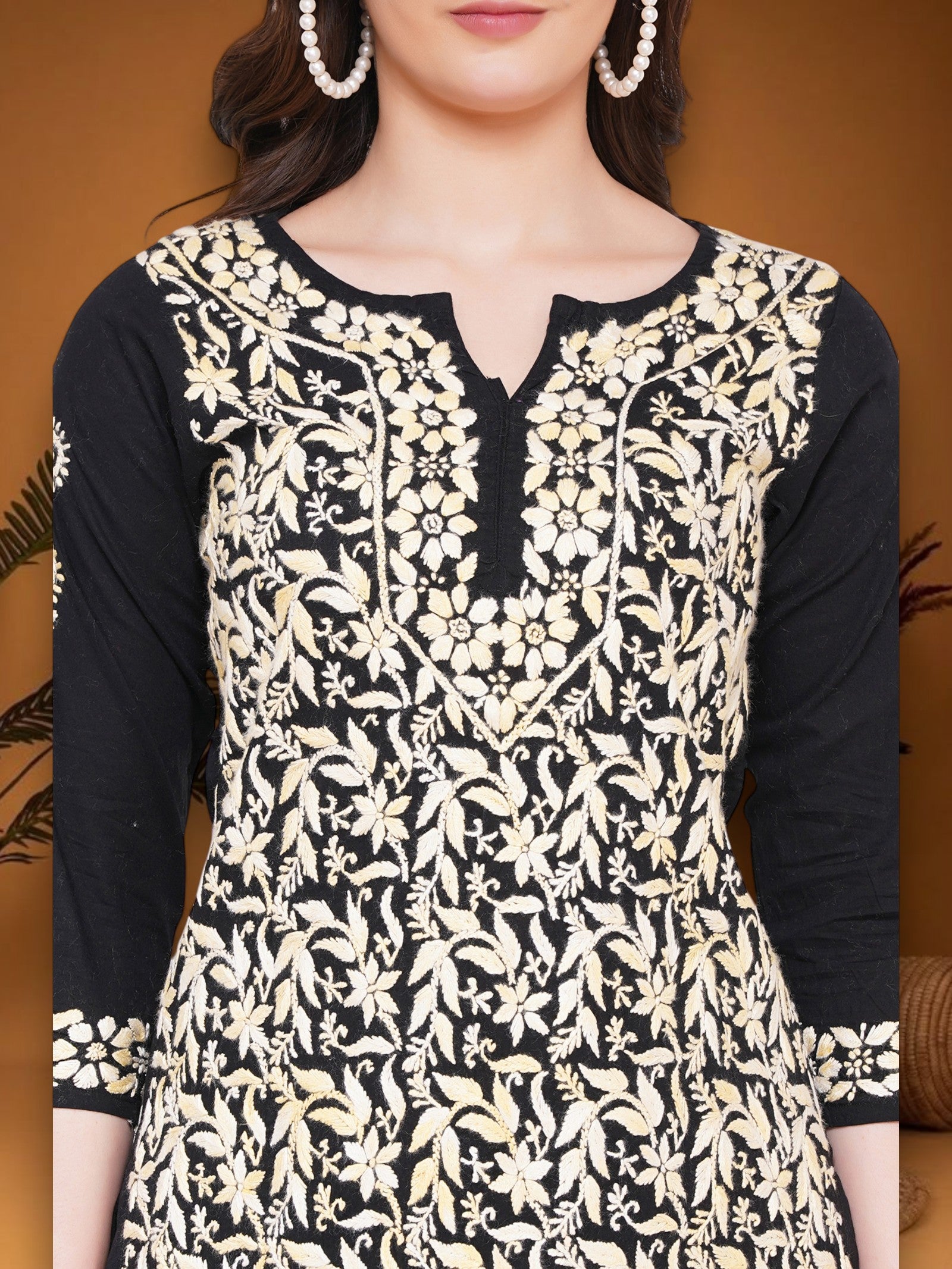 Women's Black/Yellow Cotton Hand Embroidered Chikankari Straight Fit Kurta | Round Neck, 3/4 Sleeves, 43 Inches