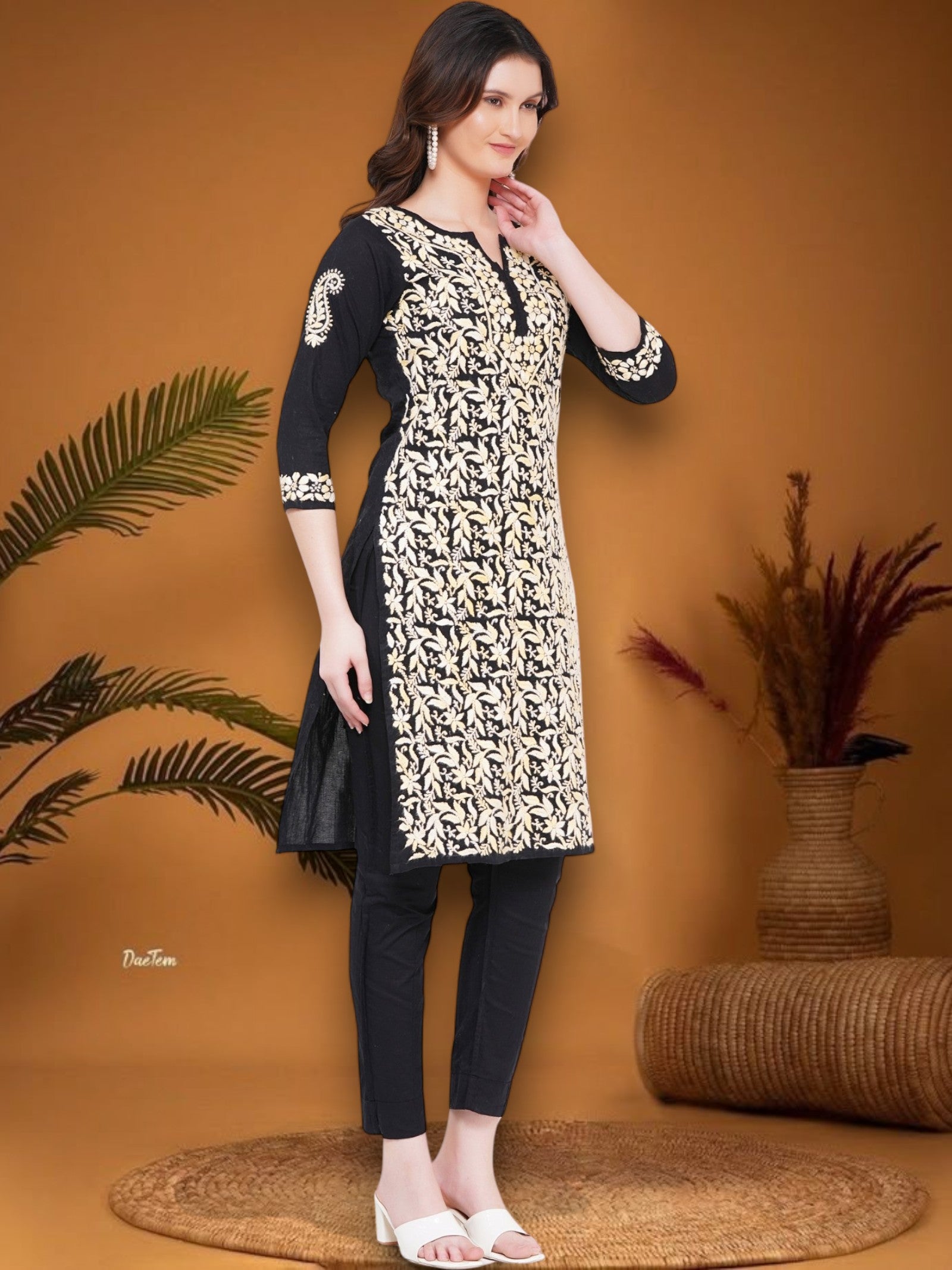 Women's Black/Yellow Cotton Hand Embroidered Chikankari Straight Fit Kurta | Round Neck, 3/4 Sleeves, 43 Inches
