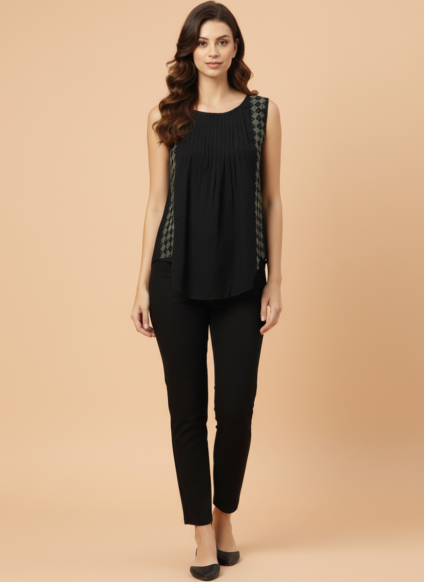 black cotton hand embroidered chikankari short top for women